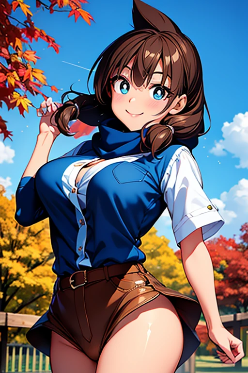 Megumi Amano、 shiny brown hair ,  twin tails,  beautiful blue eyes、Waistline、 small breasts、  Modesto Chest 、smile、Sparkling Eyes, (fine grain)、 Very Pretty Eyes 、 very detailed顔,  very detailed目,  cowboy shot、



 very cute and beautiful girl ,( Very exquisite face and eyes ),( blue uniform)， warm scarf ，
 standing, turn your hands around your back , autumn park， fall leaves for vaginal discharge，
(smile), show viewers,, cowboy shot,
( top quality ,masterpiece), absurd, high definition , very detailed, very detailed,32K,
Movie Scene, detailed background,Alone, Dynamic Angle,
 Hair Fluttering in the Wind , beautiful detailed sky ,( realistic ),