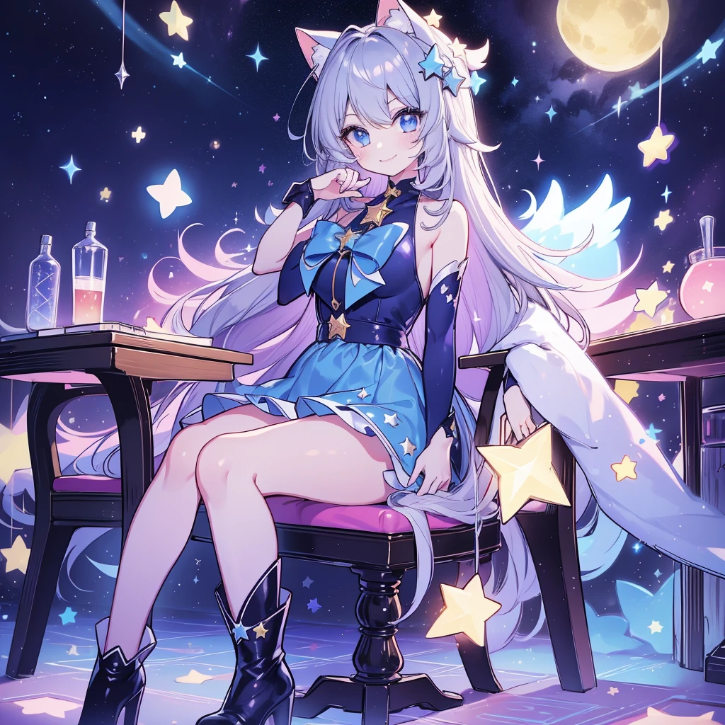 かわいいstarの妖精、 top quality 、masterpiece、 best combination 、 perfect anatomy、 full body frontal portrait 、Front、 sitting with the best smile facing the viewer、 One Girl , top quality 、masterpiece、 Official Art 、 super detailed 、 very beautiful in a chair 、Cute starの妖精、Grey Hair、 long straight hair 、 Milky Way、universe、star charm、star、baby face、 Knee High Boots , Magic Rim、Houndstooth、smile、Hope and expectation、blue purple marine neon light 、