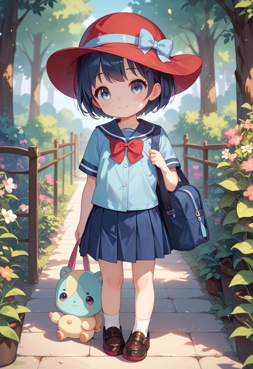 full body, little 3-yr old girl, young, cute, little, short, thin, Age Regression, toddler, youthful, Lolicon, black short hair, Red hat, blue school uniform shirt, short skirt, standing, Facing 45 degrees