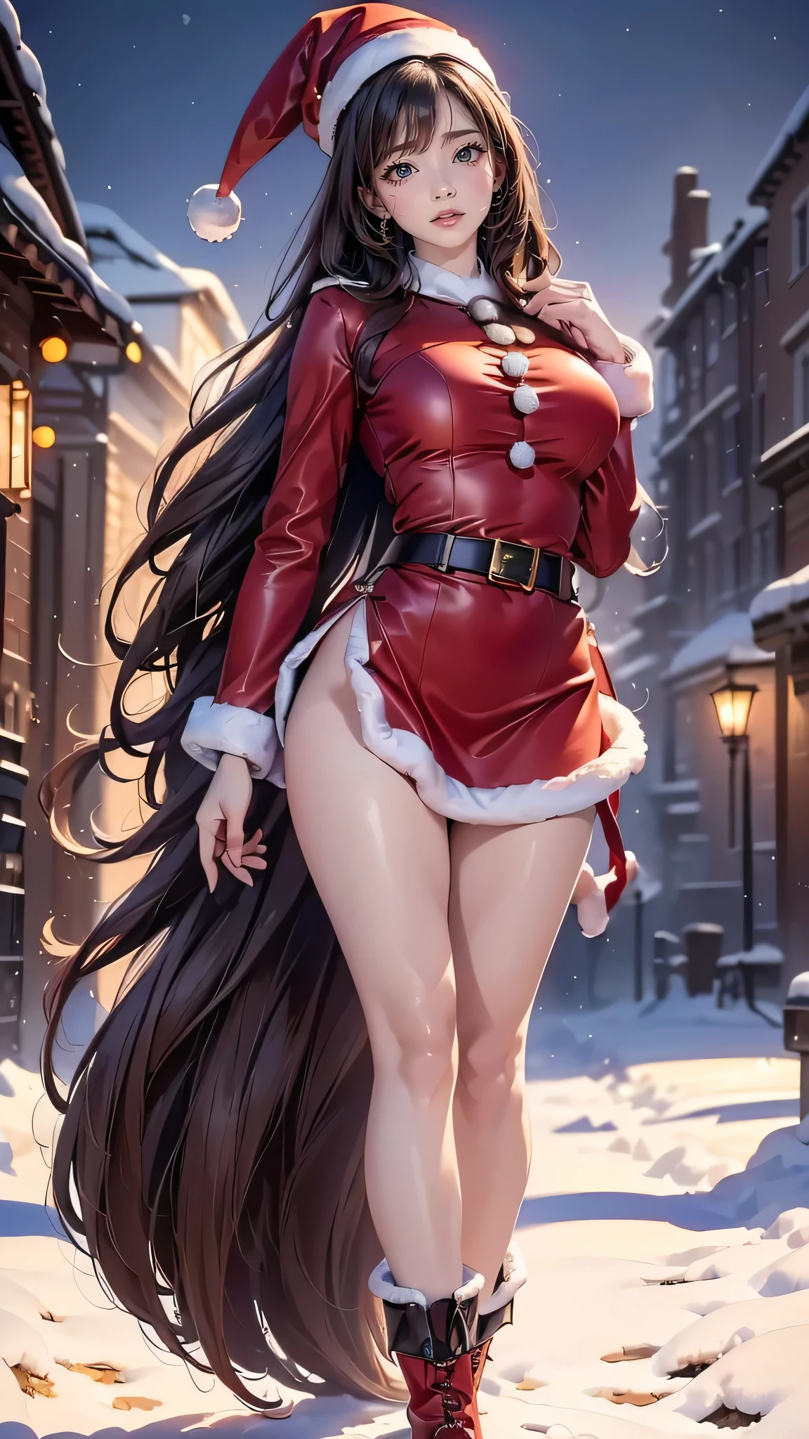 ((Masterpiece, top quality, high resolution, highly detailed CG unified 8K wallpaper, raw photos, detailed portraits)), (huge stunning goddess shot, very hot and sexy, jaw-dropping beauty, perfect proportions, beautiful body, slim body beauty:1.3), Young woman in Santa Claus costume standing with legs open, ((Santa Claus miniskirt costume and hat)), (wearing:red mini dress trimmed with white fur, black thick belt,  long red leather boots), (thigh visible)、Overlooking the city at night, in the snow, (Background: City at night decorated with Christmas lights), ((top-quality, 8K, masterpiece:1.3)), full body Esbian, long legged, Beautiful woman with perfect body shape:1.4, Slender Abs:1.1, ((dark brown hair, Highly detailed facial and skin texture, A detailed eye, double eyelids, hourglass body shape, curvaceous)), (looking at from the front), From knee to chest, 