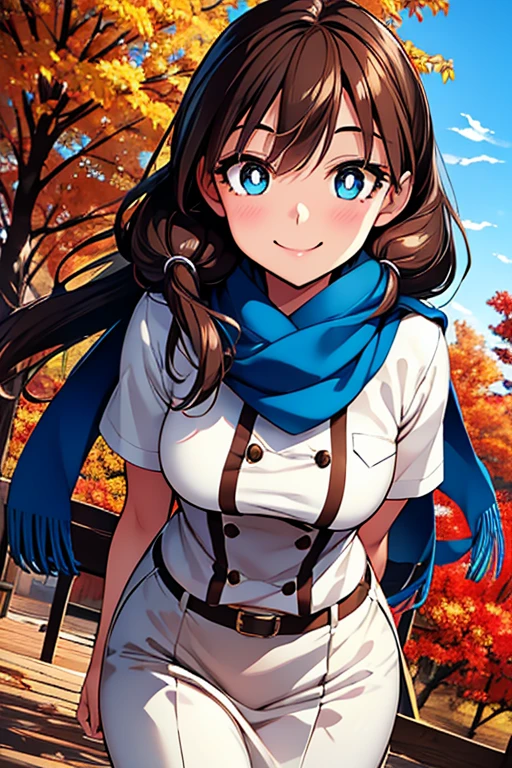 Megumi Amano、 shiny brown hair ,  twin tails,  beautiful blue eyes、Waistline、 small breasts、  Modesto Chest 、smile、Sparkling Eyes, (fine grain)、 Very Pretty Eyes 、 very detailed顔,  very detailed目,  cowboy shot、



 very cute and beautiful girl ,( Very exquisite face and eyes ),(uniform)， warm scarf ，
 standing, turn your hands around your back , autumn park， fall leaves for vaginal discharge，
(smile), show viewers,, cowboy shot,
( top quality ,masterpiece), absurd, high definition , very detailed, very detailed,32K,
Movie Scene, detailed background,Alone, Dynamic Angle,
 Hair Fluttering in the Wind , beautiful detailed sky ,( realistic ),