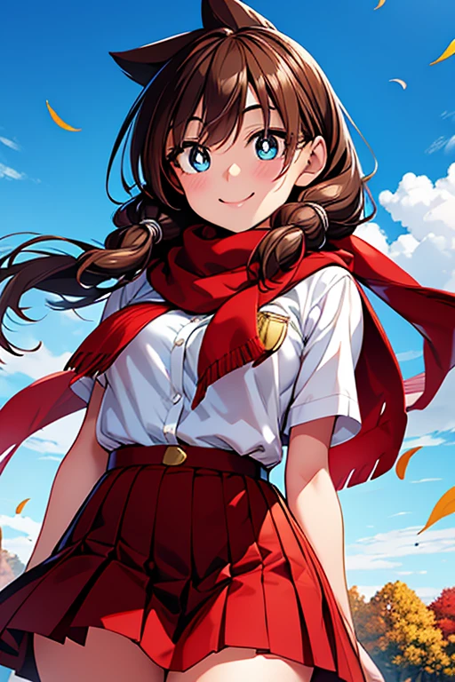 Megumi Amano、 shiny brown hair ,  twin tails,  beautiful blue eyes、Waistline、 small breasts、  Modesto Chest 、smile、Sparkling Eyes, (fine grain)、 Very Pretty Eyes 、 very detailed顔,  very detailed目,  cowboy shot、



 very cute and beautiful girl ,( Very exquisite face and eyes ),(uniform)， warm scarf ，
 standing, turn your hands around your back , autumn park， fall leaves for vaginal discharge，
(smile), show viewers,, cowboy shot,
( top quality ,masterpiece), absurd, high definition , very detailed, very detailed,32K,
Movie Scene, detailed background,Alone, Dynamic Angle,
 Hair Fluttering in the Wind , beautiful detailed sky ,( realistic ),