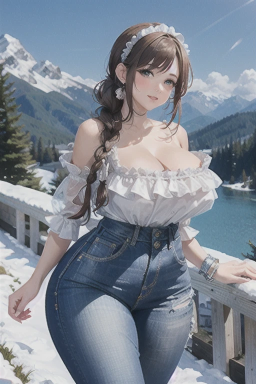 (best quality), (masterpiece), 1 girl, early 20's, huge heavy breasts, thick, thick lips, wide hips, thin waist, puffy sleeve coreset, wearing jeans, braided ponytail, headband, mountainside, standing in the snow