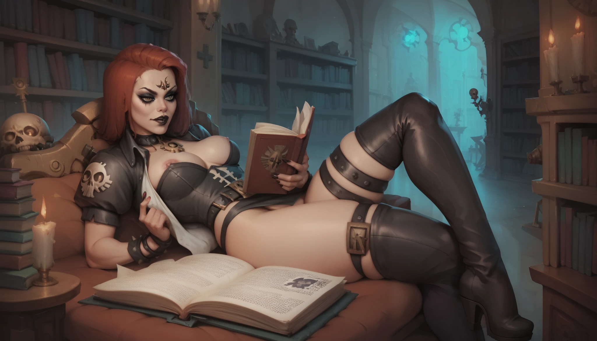 warhammer 40k, library, servo-skulls filming, human woman, makeup, wide belt, (thigh high pumped stripper stiletto boots), reading