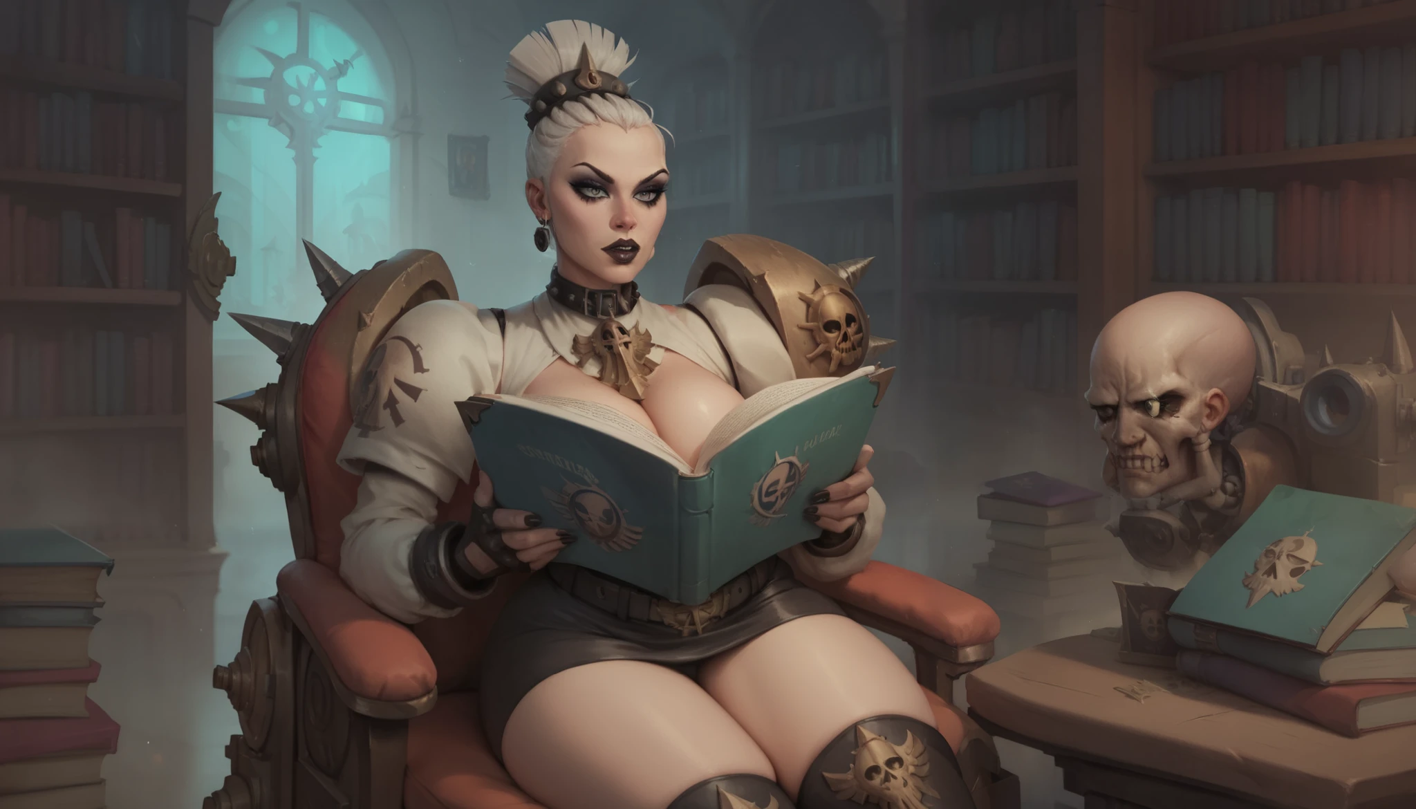 warhammer 40k, library, servo-skulls filming, human woman, makeup, wide belt, (thigh high pumped stripper stiletto boots), reading