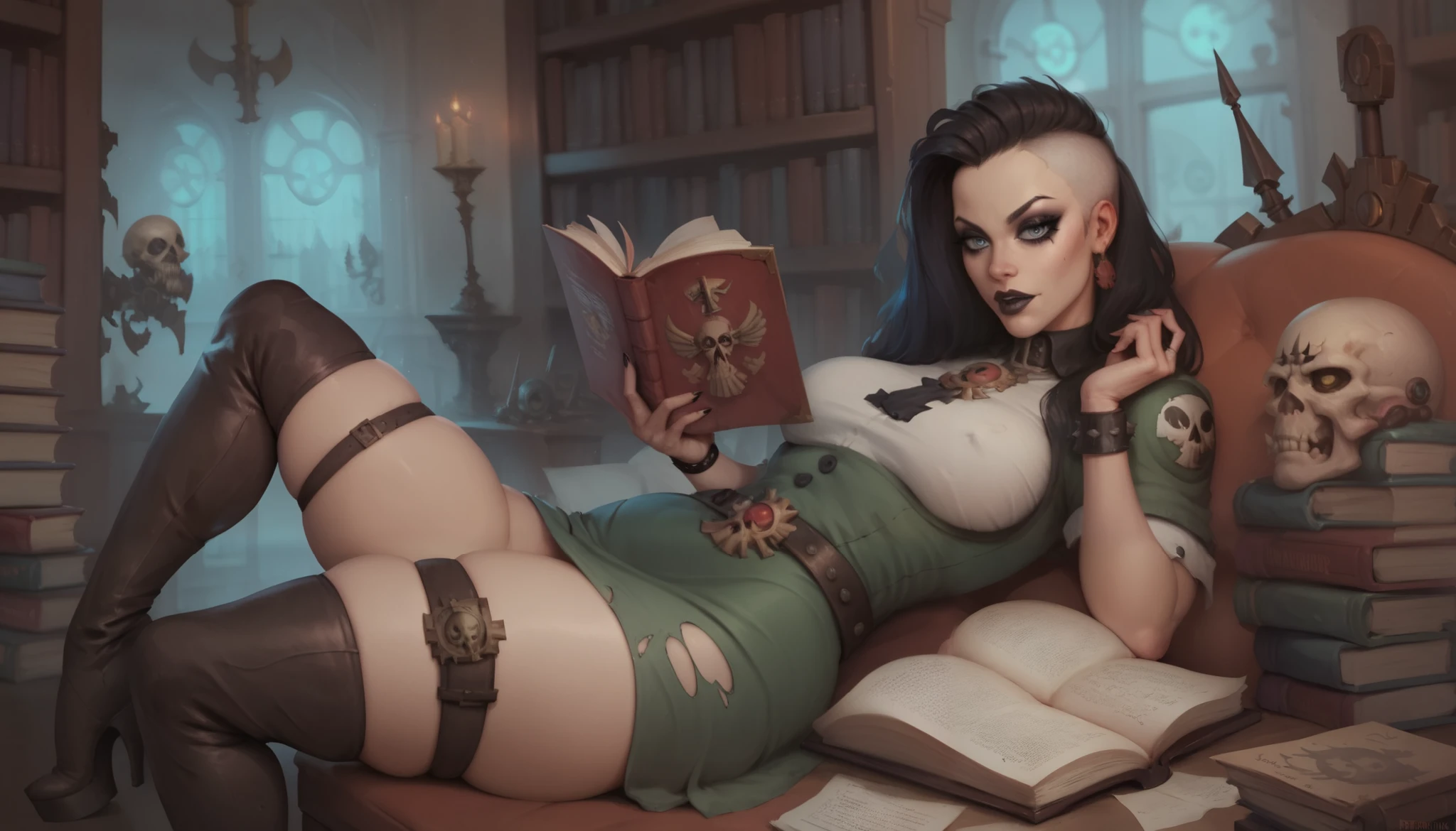 warhammer 40k, library, servo-skulls filming, human woman, makeup, wide belt, (thigh high pumped stripper stiletto boots), reading