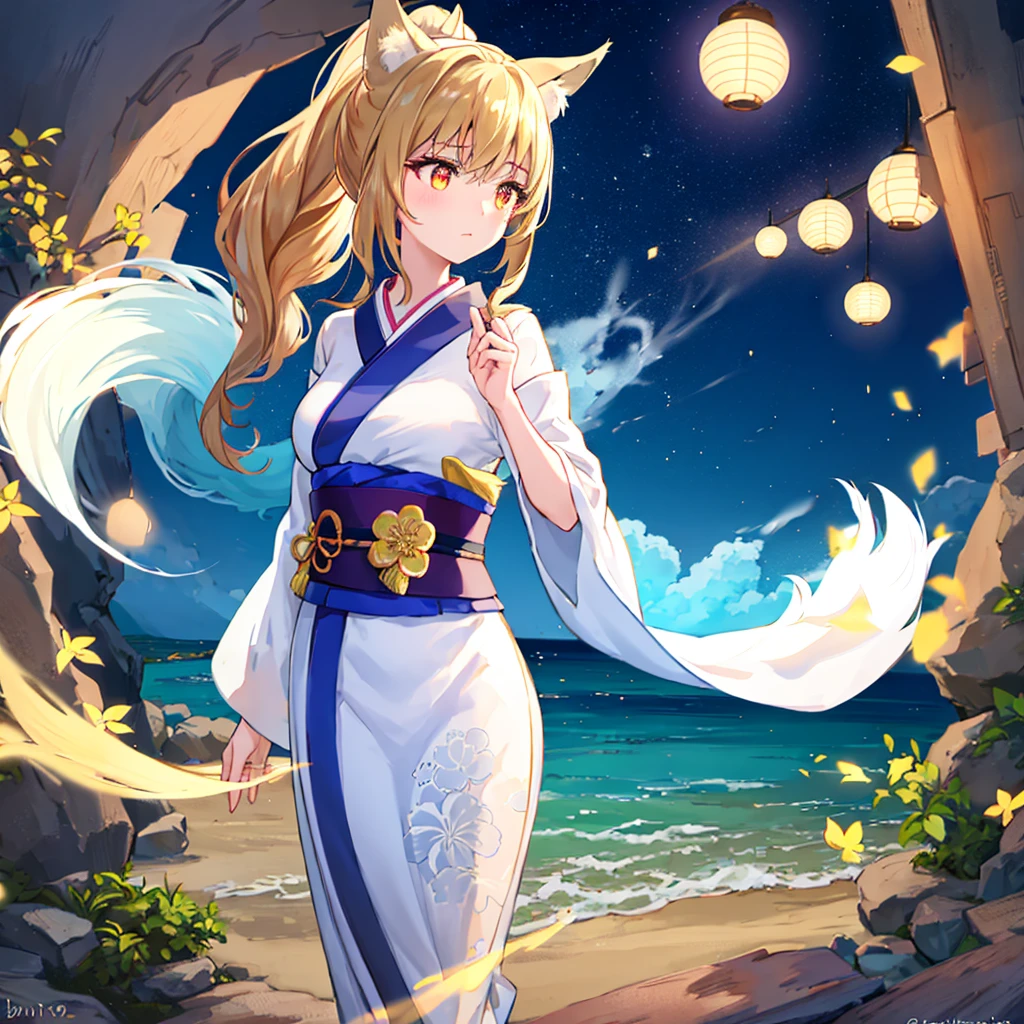 In a scene reminiscent of intricate paper cutouts, a fox-eared girl with a high ponytail stands gracefully. Her silhouette is edged with glowing neon lines, blending the delicate charm of traditional Japanese aesthetics with a touch of modern flair. The neon outlines highlight the refined details of her kimono-inspired attire and the gentle curve of her fox ears. The background, composed of layered paper-like patterns, creates depth while subtly reflecting the soft glow