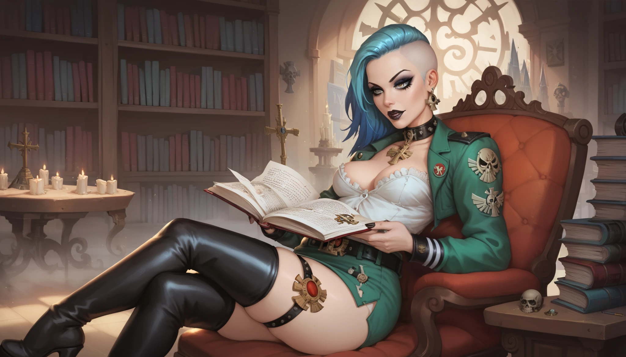 warhammer 40k, library, servo-skulls filming, human woman, makeup, wide belt, (thigh high pumped stripper stiletto boots), reading