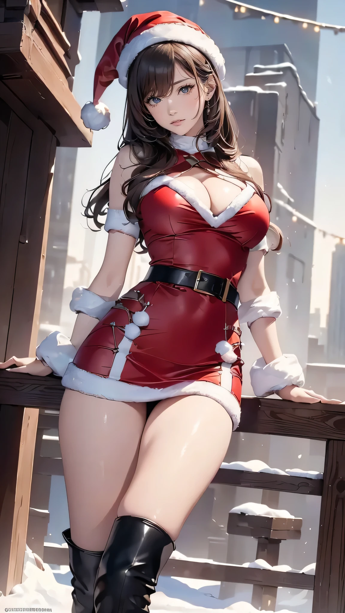 ((Masterpiece, top quality, high resolution, highly detailed CG unified 8K wallpaper, raw photos, detailed portraits)), (huge stunning goddess shot, very hot and sexy, jaw-dropping beauty, perfect proportions, beautiful body, slim body beauty:1.3), Young woman in Santa Claus costume standing with legs open, ((Santa Claus miniskirt costume and hat)), (wearing:red mini dress trimmed with white fur, black thick belt, long red leather boots), (thigh visible)、Overlooking the city at night, in the snow, (Background: City at night decorated with Christmas lights), ((top-quality, 8K, masterpiece:1.3)), full body Esbian, long legged, Beautiful woman with perfect body shape:1.4, Slender Abs:1.1, ((dark brown hair, Highly detailed facial and skin texture, A detailed eye, double eyelids, hourglass body shape, curvaceous)), (looking at from the front), From knee to chest,