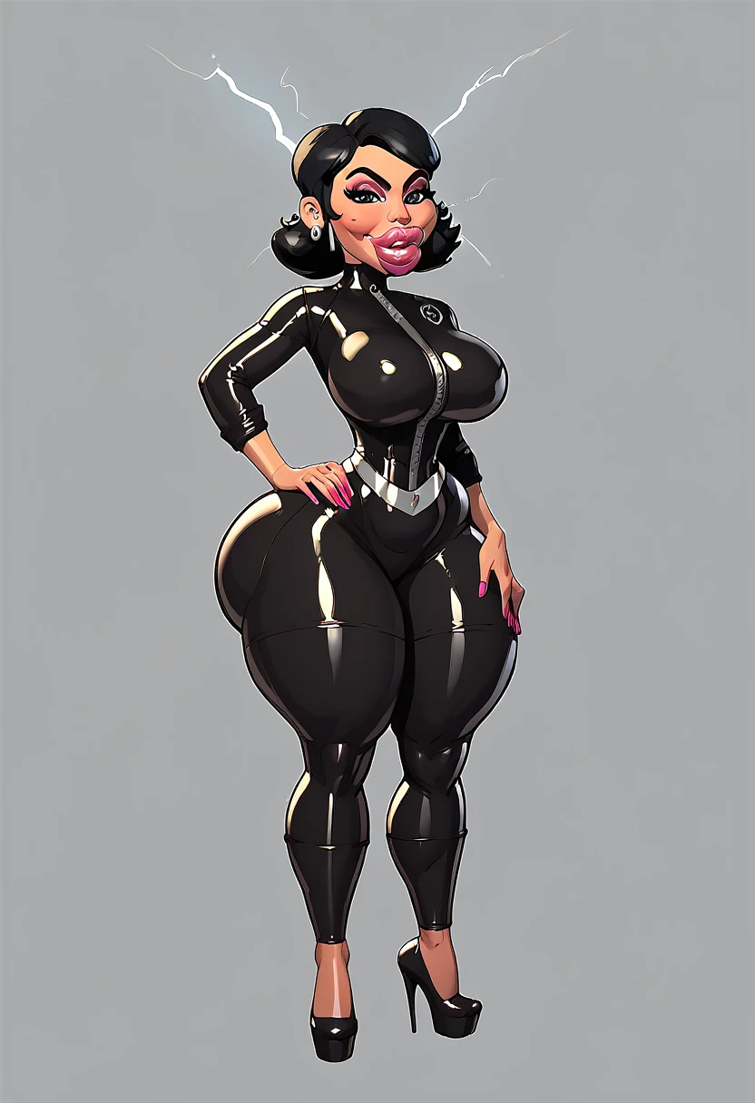 ((masterpiece)),(((best quality))),((character sheet)), ((full body view)) ((black woman)) ((skinhead:1.4)) ((confident pose)) mature face, defined cheekbones, high cheekbones, illustration, girl, muscular, ((bald:1.4)), sexy bimbo, (gigantic breasts:1.7), ((detailed face:1.4)) beautiful woman, (yellow leotard:1.4), (gold hoop earrings:1.6), (thighhighs:1.4) (yellow lips:1.6) , shiny skin, scribbles and marks,(puffy lips:1.5) , rough sketches, 8k,16k, (simple background, white background: 1.3), black color palette, (black skin:1.5)