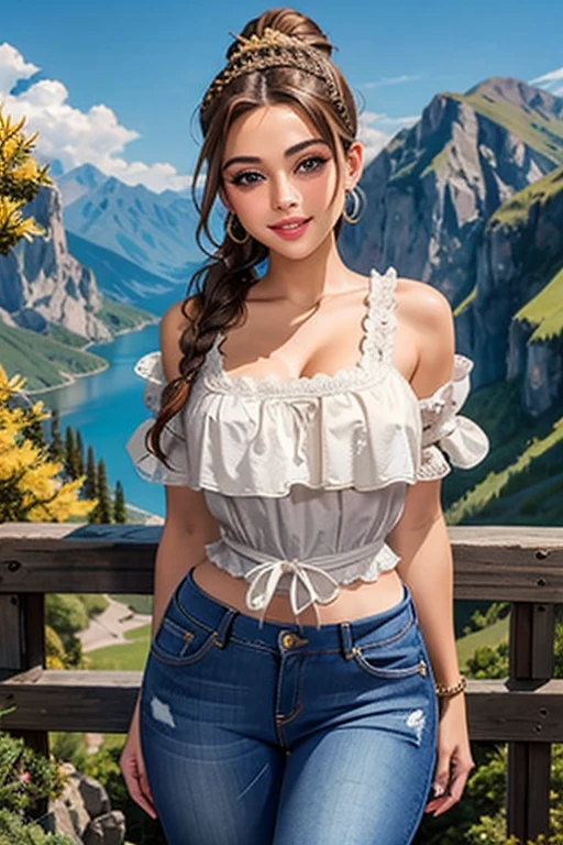 (best quality), (masterpiece), 1 girl, early 20's, huge heavy breasts, thick, thick lips, wide hips, thin waist, puffy sleeve coreset, wearing jeans, braided ponytail, headband, mountainside