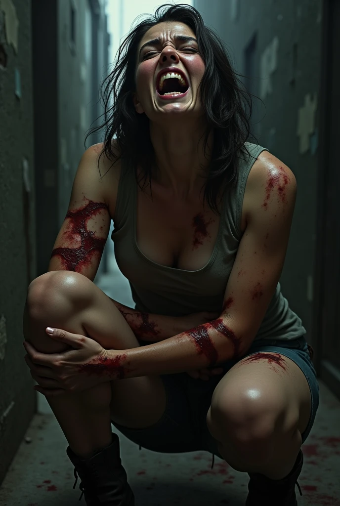 A beautiful woman in a horror film, covered in blood, runs away from a killer