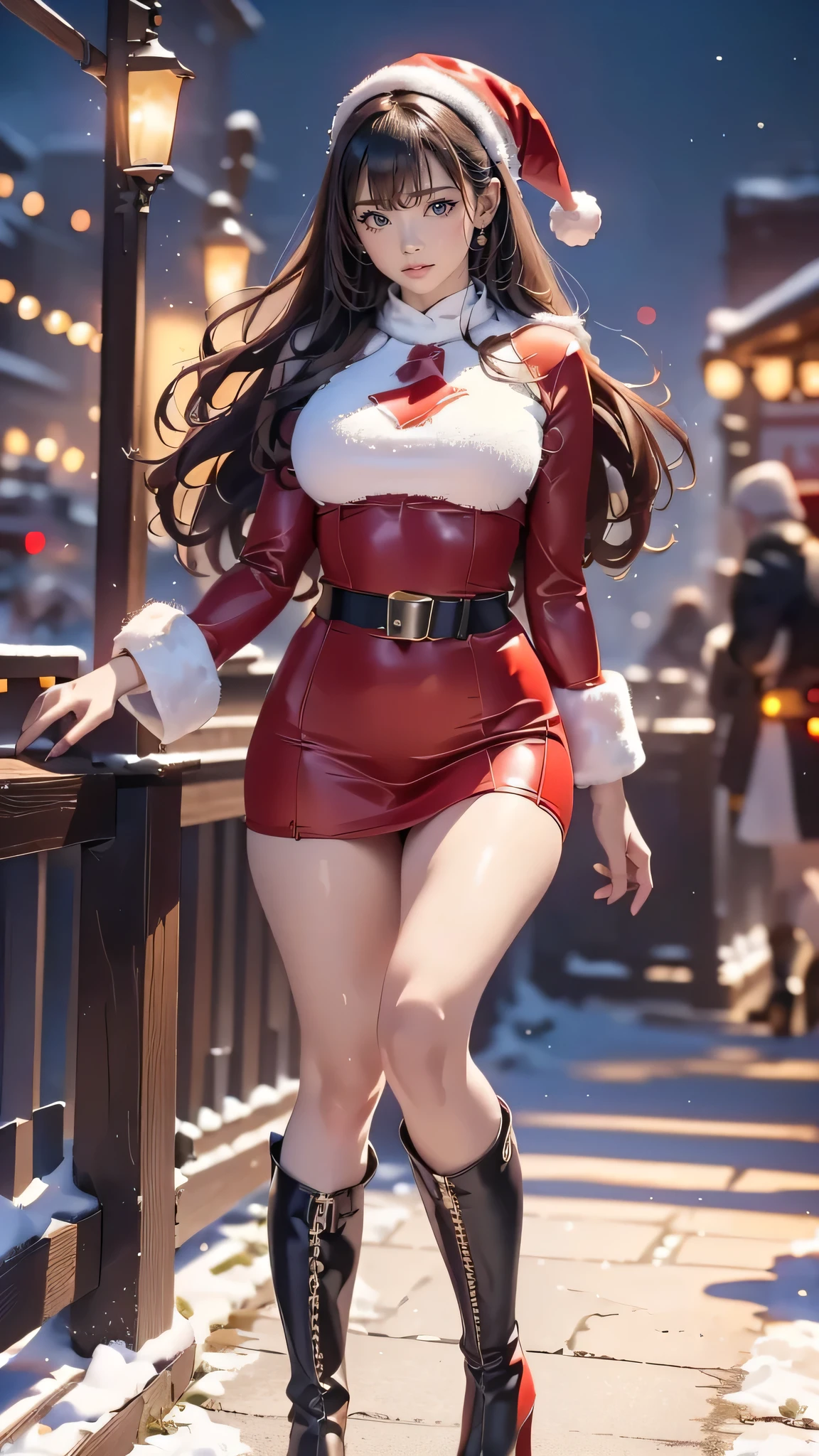 ((Masterpiece, top quality, high resolution, highly detailed CG unified 8K wallpaper, raw photos, detailed portraits)), (huge stunning goddess shot, very hot and sexy, jaw-dropping beauty, perfect proportions, beautiful body, slim body beauty:1.3), Young woman in Santa Claus costume standing with legs open, ((Santa Claus miniskirt costume and hat)), (wearing:red mini dress trimmed with white fur, black thick belt,  long red leather boots), (thigh visible)、Overlooking the city at night, in the snow, (Background: City at night decorated with Christmas lights), ((top-quality, 8K, masterpiece:1.3)), full body Esbian, long legged, Beautiful woman with perfect body shape:1.4, Slender Abs:1.1, ((dark brown hair, Highly detailed facial and skin texture, A detailed eye, double eyelids, hourglass body shape, curvaceous)), (looking at from the front), From knee to chest, 