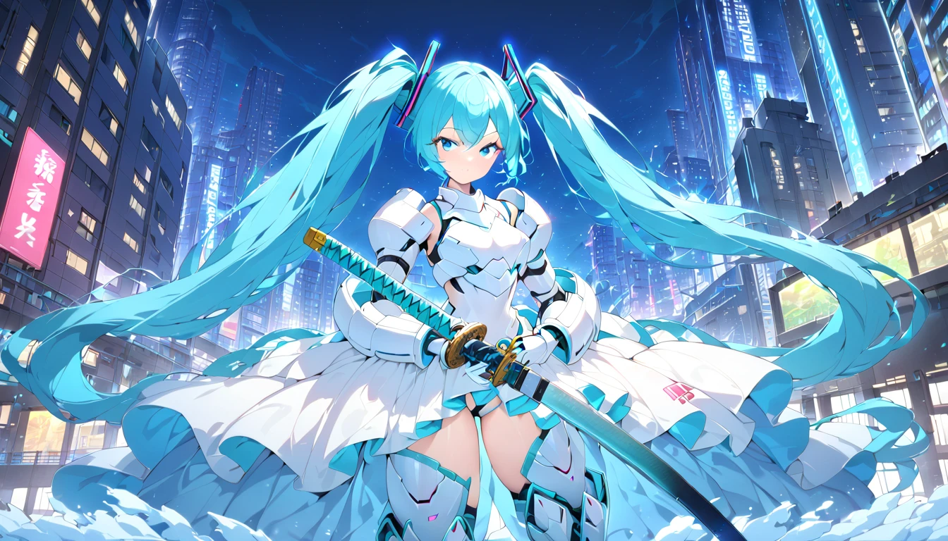 girl masterpiece, best quality high resolution, twintails, blue hair, blue eyes, very long hair, middle breast, detailed face, beautiful shape,  hatsune miku, wearing white armored costume, armored gloves, armored boots, head protector, gripping a katana sword, standing, detailed background, cyberpunk city, buildings, night sky,