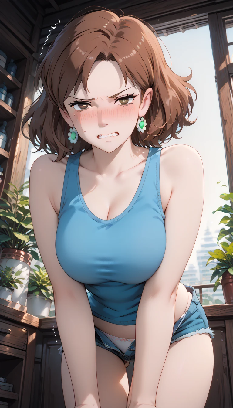 Pull Down Clothes
pulled by self
pulled by another ghibli_style source_anime anime_coloring (Nausicaa,1girl,brown hair,　medium hair,　brown eyes, breasts, Nausicaa,1girl,brown hair,　medium hair,　brown eyes, breasts, earrings, (blue tank top:1.5),, , Big Breasts)　 4K Masterpiece Top Quality High Definition:  super resolution super detailed, (standing:1.5)(inner thigh:1.6) (cowboy shot:1.5 ) throw　(from side:1.5) (daisy duke shorts pull down:1.3) (leaning forward:1.5) (white panties:1.3)(looking at viewer:1.5)(worm view:1.5)　(no pupils:1.3)(narrowed eyes:1.7) (withdrawn face:1.5) (clenched teeth:1.3) (wavy mouth:1.2) (disgust:1.2) (troubled eyebrows:1.0) (1girl) ,nose blush (embarrassed,blush:1.5) (trembling:1.0) (feeling weak:1.3)