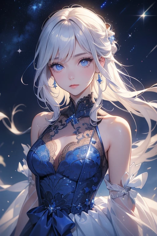 ((1 girl, 独奏:1.5, alone))Night view,star,（White Haired Girl:1.3）,（（masterpiece））、（detailed）、（Backlight）(A fantastic atmosphere、Ancient Capital、Amazing beauty images、white dust、Light and dance-like、Suspended particles), (Black Dress、Long dress with sleeves、Expose your shoulders、Off the shoulder)、（Gray hair that changes with light、length, Lustrous gray hair、WHITE hair fluttering in the wind）、（Beautiful white and shining skin、Cheek Gloss Highlighter、Sexy and very beautiful and adorable face、The most beautiful face in the world、big, Sparkling Blue Eyes）、（Cute 25 year old girl、Beautiful medium sized breasts、Great cleavage, Narrow waist、Delicate shoulders、Slim figure）
