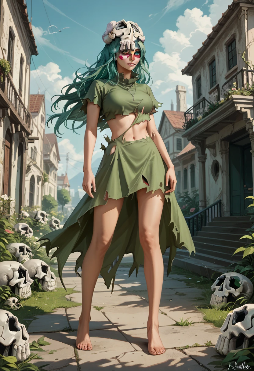  , Alone,  outdoor, NellielsDXL ,1 ,   long hair, skirt,  green hair, barefoot,  Torn clothes, facial mark,  revealing outfits, skull,  looking at the spectator , cowboy shot,