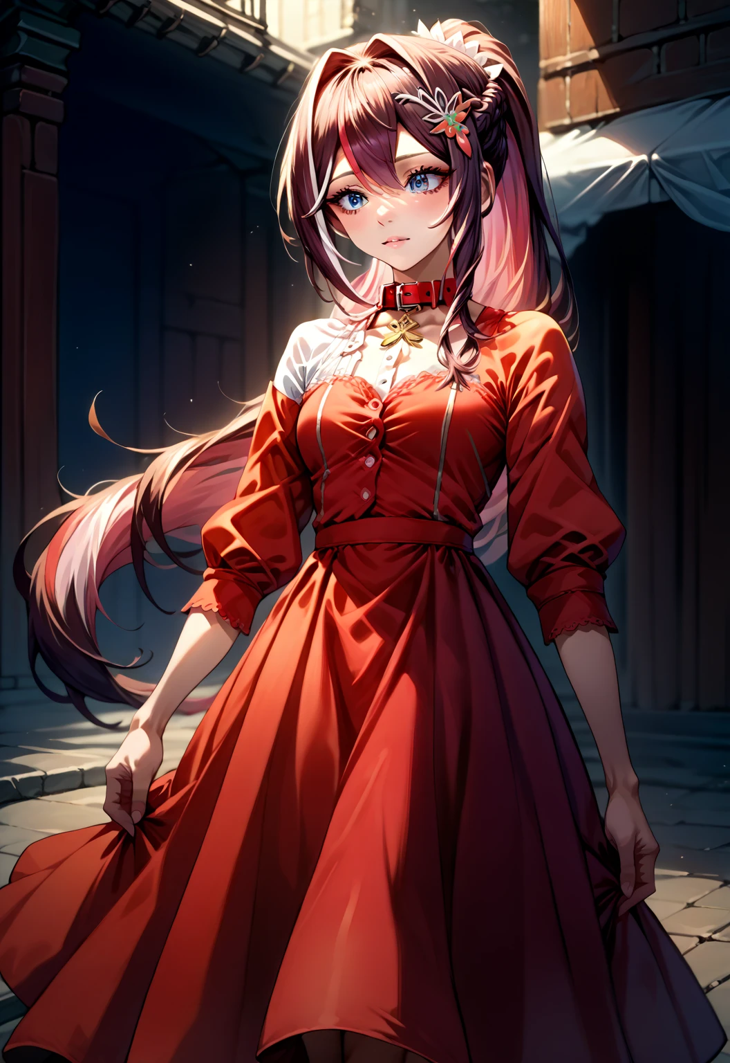 score_9, score_8_up, score_7_up, source_anime,4K,perfect fingers,(perfect hands, perfect anatomy),
1girl,Azki, multicolored hair, long hair, french braid, hair ornament, 
dress, ponytail, braid, red dress, collar, button, skirt, red skirt,
standing,