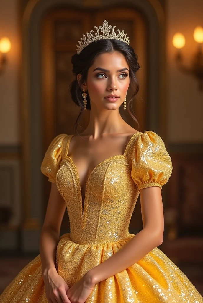 Generate the descriptive table in the excerpt:
On the other side, on a wooden easel, I saw one of the most beautiful paintings of my life. A woman with short brown hair wearing a flowing golden veil, an open-shoulder dress with fluffy round sleeves at the beginning of the arms. It wasn't, however, one of those academic impressionist paintings, super smoky. I could see the raised ink, where the gradients began and ended. The figure's face maintained the original white color of the screen., which makes me think it's unfinished.