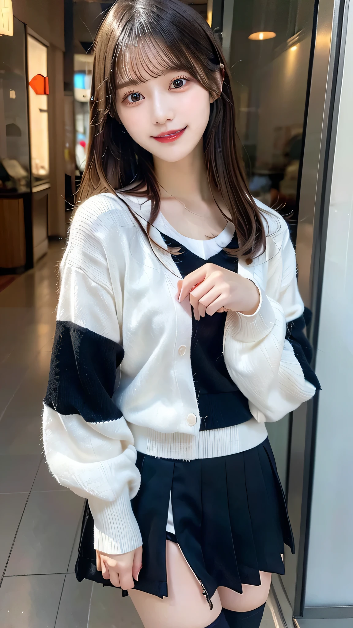 (8K, Raw photo:1.2)Detailed face and eyes,Best Quality, 超A high resolution, Highly detailed ,intricate detailes ,masutepiece ,Cute Girl , Soft cinematic light, Hyper-detailing,Sharp Focus, High quality, A dark-haired, bob cuts, tits out,(White shirt)、(Pink cardigan)、(Black and white checked miniskirt)