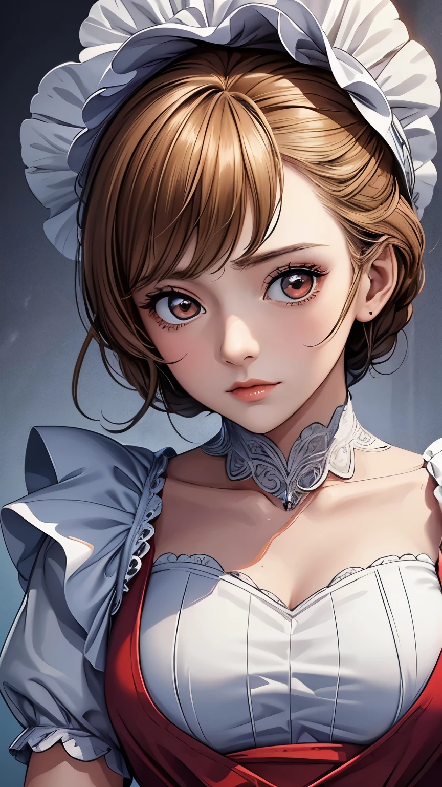 ((top quality)),( super high res),( super detailed face),( Detailed explanation ),(( Best Anime )),( Best Artwork ), sharp,  Ultra Precision Art, The wonderful art of depiction,The beauty of intricate and detailed details:1.3, ((woman:1.5)), Clear and bright eyes,  very detailed,  High Quality , masterpiece,  beautiful, Alone,  1 girl, Nevin ,  red eyes,  Maid, Maid headdress, Maid apron, 