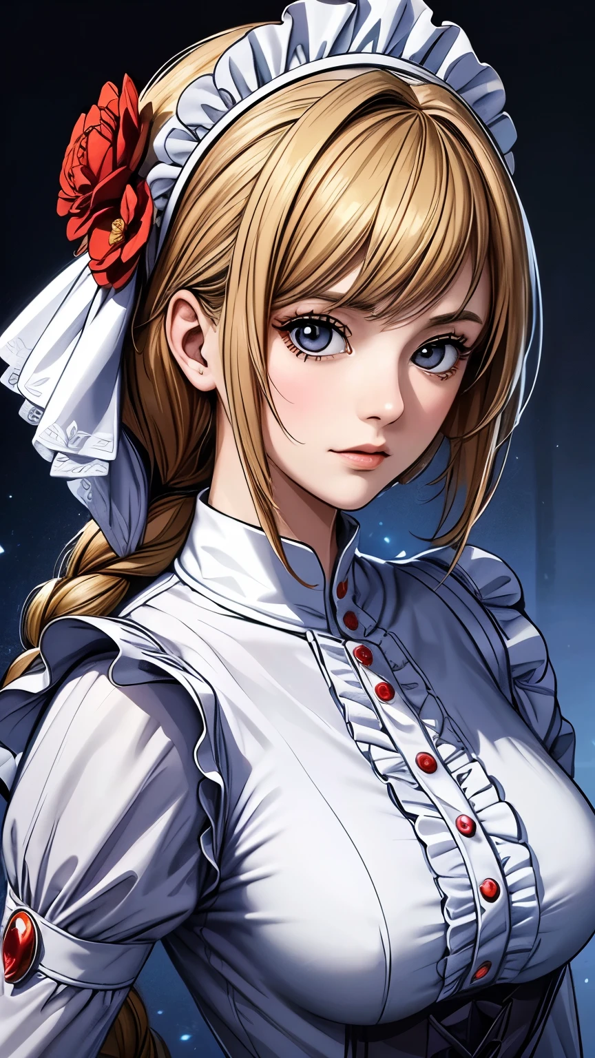 ((top quality)),( super high res),( super detailed face),( Detailed explanation ),(( Best Anime )),( Best Artwork ), sharp,  Ultra Precision Art, The wonderful art of depiction,The beauty of intricate and detailed details:1.3, ((woman:1.5)), Clear and bright eyes,  very detailed,  High Quality , masterpiece,  beautiful, Alone,  1 girl, Nevin ,  red eyes,  Maid, Maid headdress, Maid apron, 