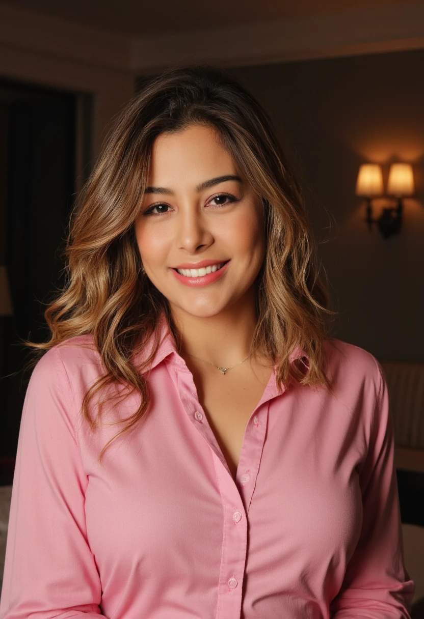 a beautiful woman with pink shirt, detailed face, natural lighting, highly detailed, absurd, happy smile, room interior, photorealistic, 8k, masterpiece, cinematic lighting, warm colors, volumetric lighting, intricate details, elegant, serene, inviting atmosphere, cozy setting, soft focus, ambient occlusion, physically-based rendering, dramatic lighting, portrait