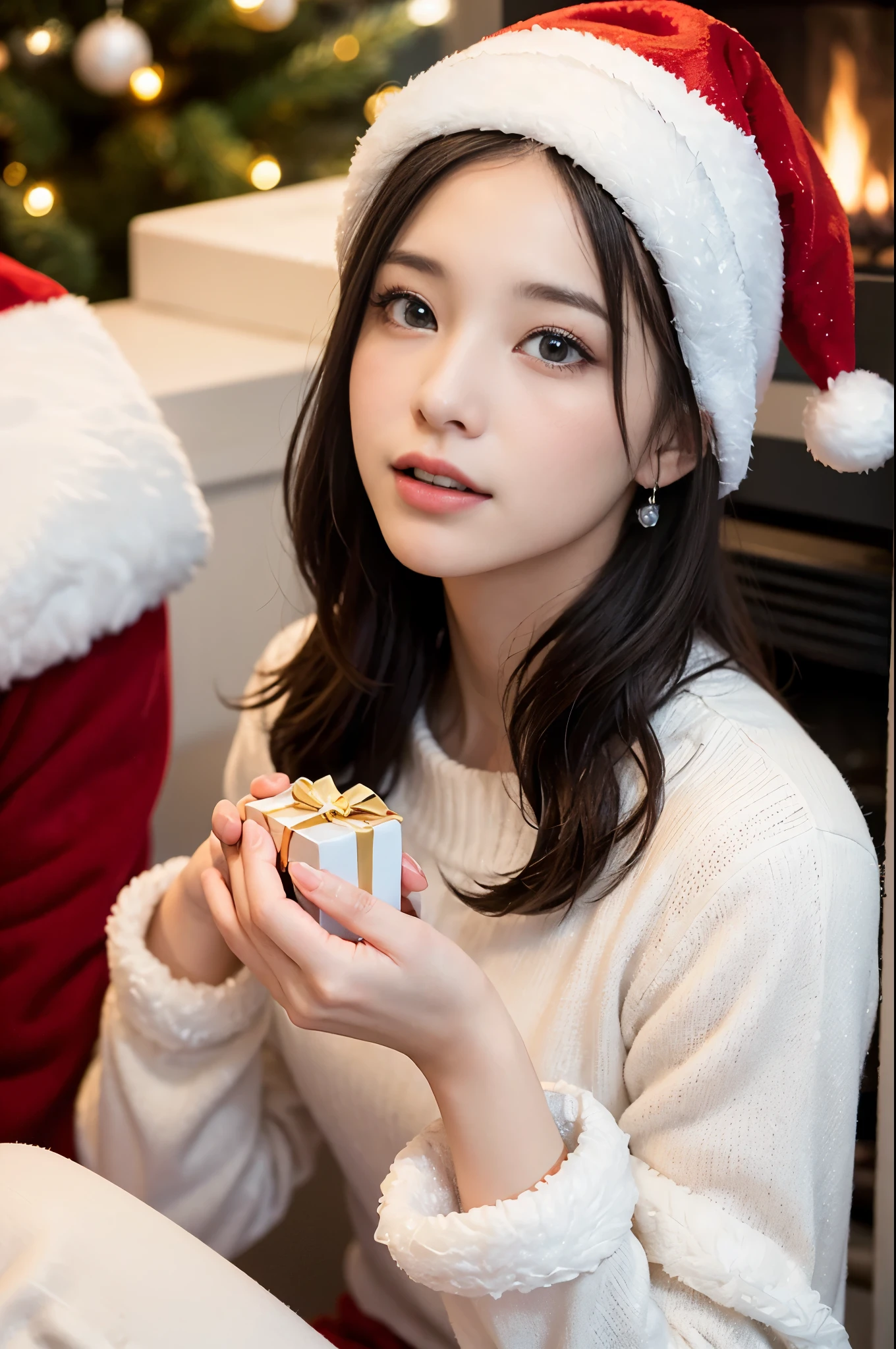 (best quality,4k,highres,masterpiece:1.2),little girl,Christmas tree,snowy landscape outside the window,illustration,detailed eyes and face,long eyelashes,joyful expression,warm winter clothing,holding a gift,daylight,soft and warm lighting,vibrant colors,cozy atmosphere,sparkling ornaments,presents under the tree,falling snowflakes,crisp winter air,cold and wintry background.