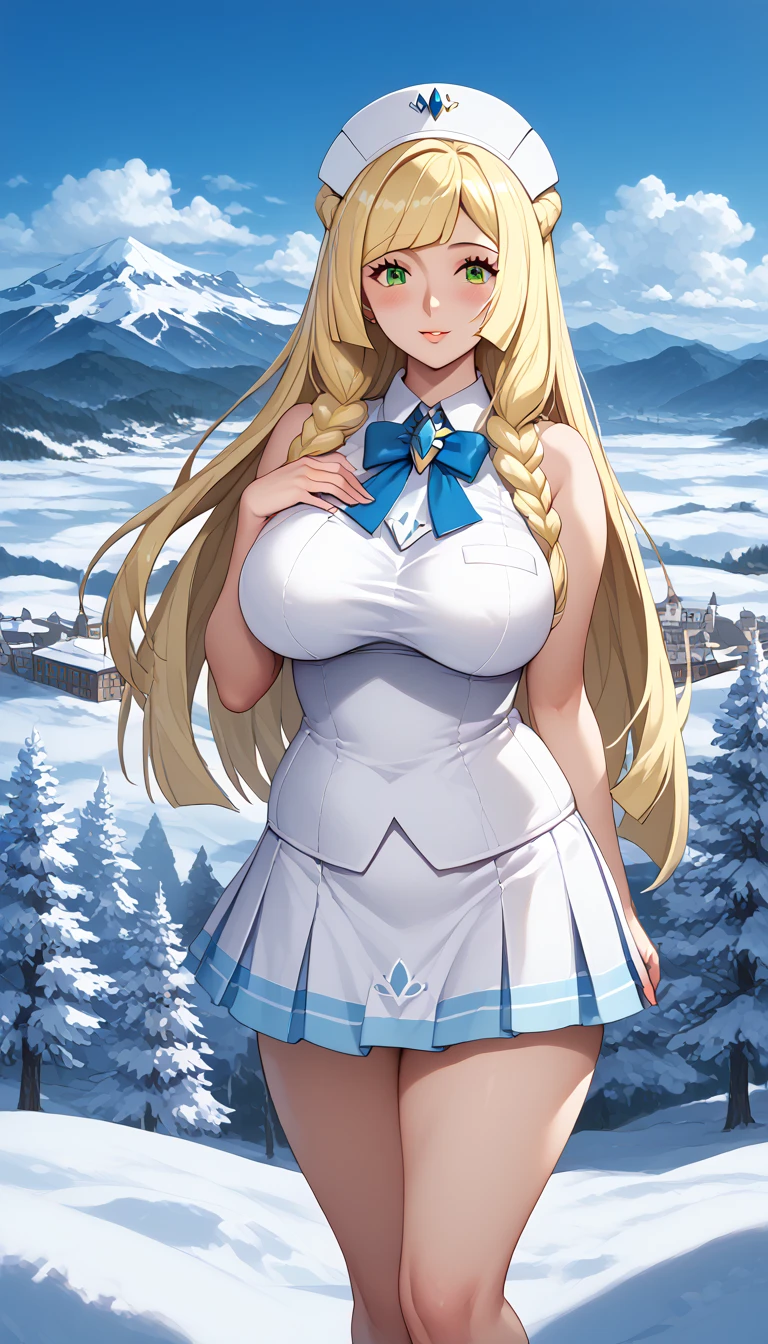 ( masterpiece :1.2,  Top Quality ),(  Very detailed )Winter snow scene,forest，City、 snowy mountains、中的volcano湖泊、volcano、Sea、Island 屿、 wallpaper、  beautiful blue sky in Bolivia , Pokémon Lusamin , blond,  Green Eyes ,  hair on one eye,  long hair,  shoulder-length hair , Striped hair, very  long hair, collared skirt, skirt, have, sleeveless, sleeveless skirt, sun have, sunskirt, white skirt, White headdress,  cowboys shoot , outdoor, Island , Big Breasts, High target, micro skirt, Side Breast,  blush,  Confidence , Mature Woman, 成Mature Woman性, skindentation,  plump 