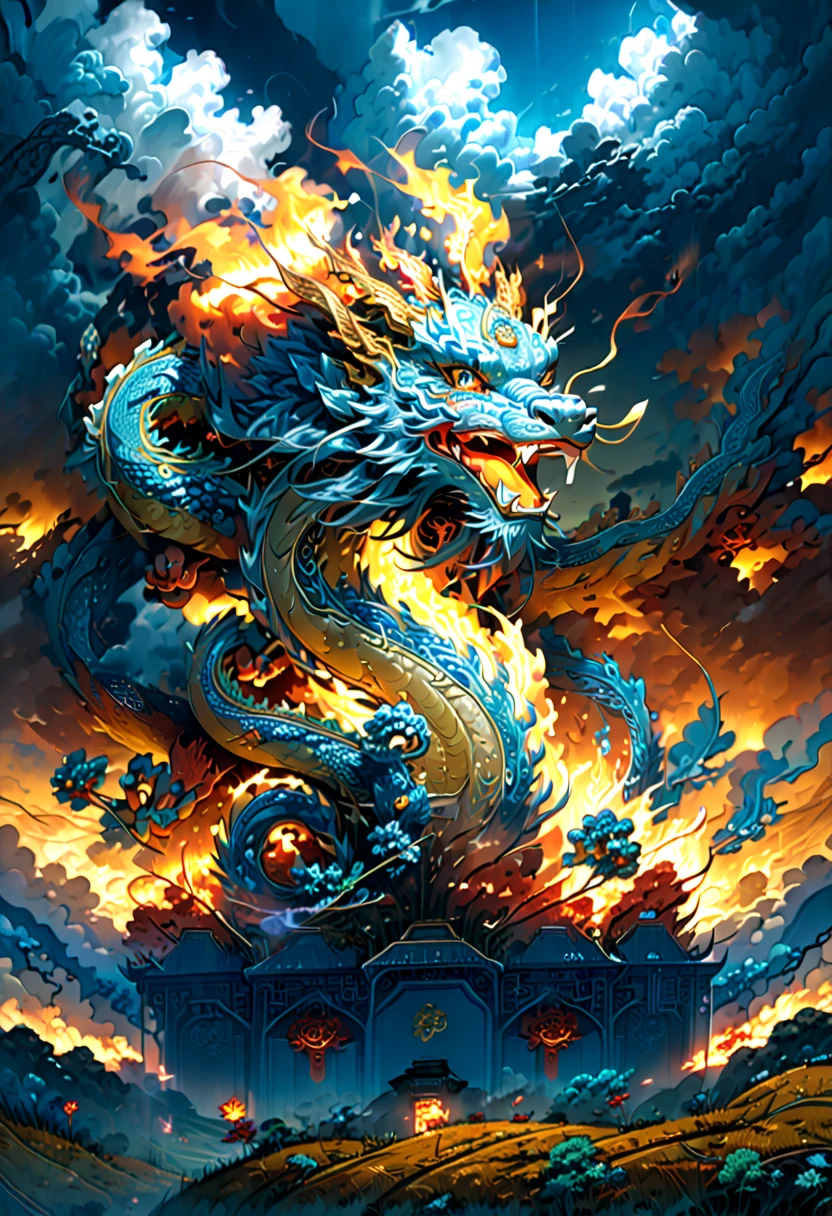 (The main subject: wide wide shot), The flame  light blue,[Multicolored,(Chinese dragon anthropomorphism)], safe,dramatic clouds,(Go deep into the fields), Rich details​, (Wide sky), (sense of vastness),Energy and vitality, Complicated details.(Best quality, A high resolution, tmasterpiece:1.2), (actual:1.37), HighDynamicRange。