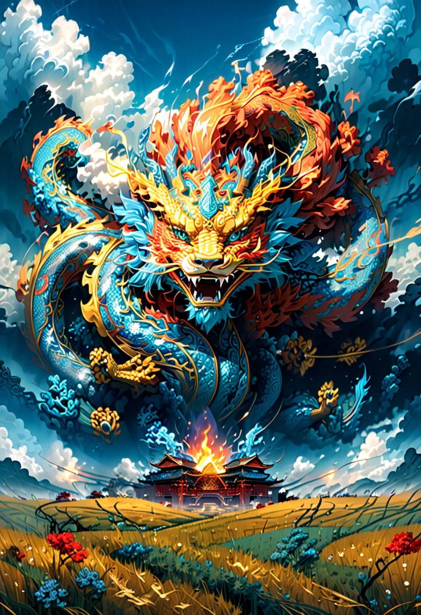 (The main subject: wide wide shot), The flame  light blue,[Multicolored,(Chinese dragon anthropomorphism)], safe,dramatic clouds,(Go deep into the fields), Rich details​, (Wide sky), (sense of vastness),Energy and vitality, Complicated details.(Best quality, A high resolution, tmasterpiece:1.2), (actual:1.37), HighDynamicRange。