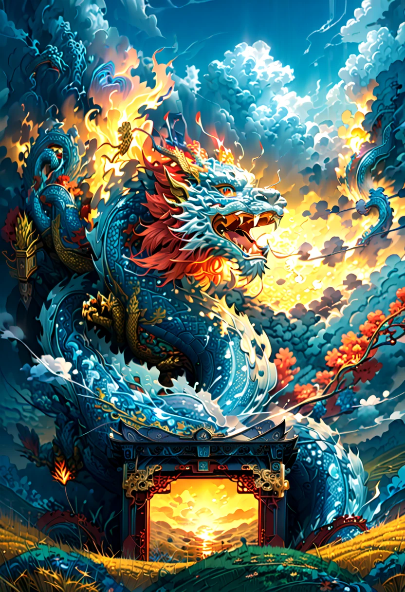 (The main subject: wide wide shot), The flame  light blue,[Multicolored,(Chinese dragon anthropomorphism)], safe,dramatic clouds,(Go deep into the fields), Rich details​, (Wide sky), (sense of vastness),Energy and vitality, Complicated details.(Best quality, A high resolution, tmasterpiece:1.2), (actual:1.37), HighDynamicRange。