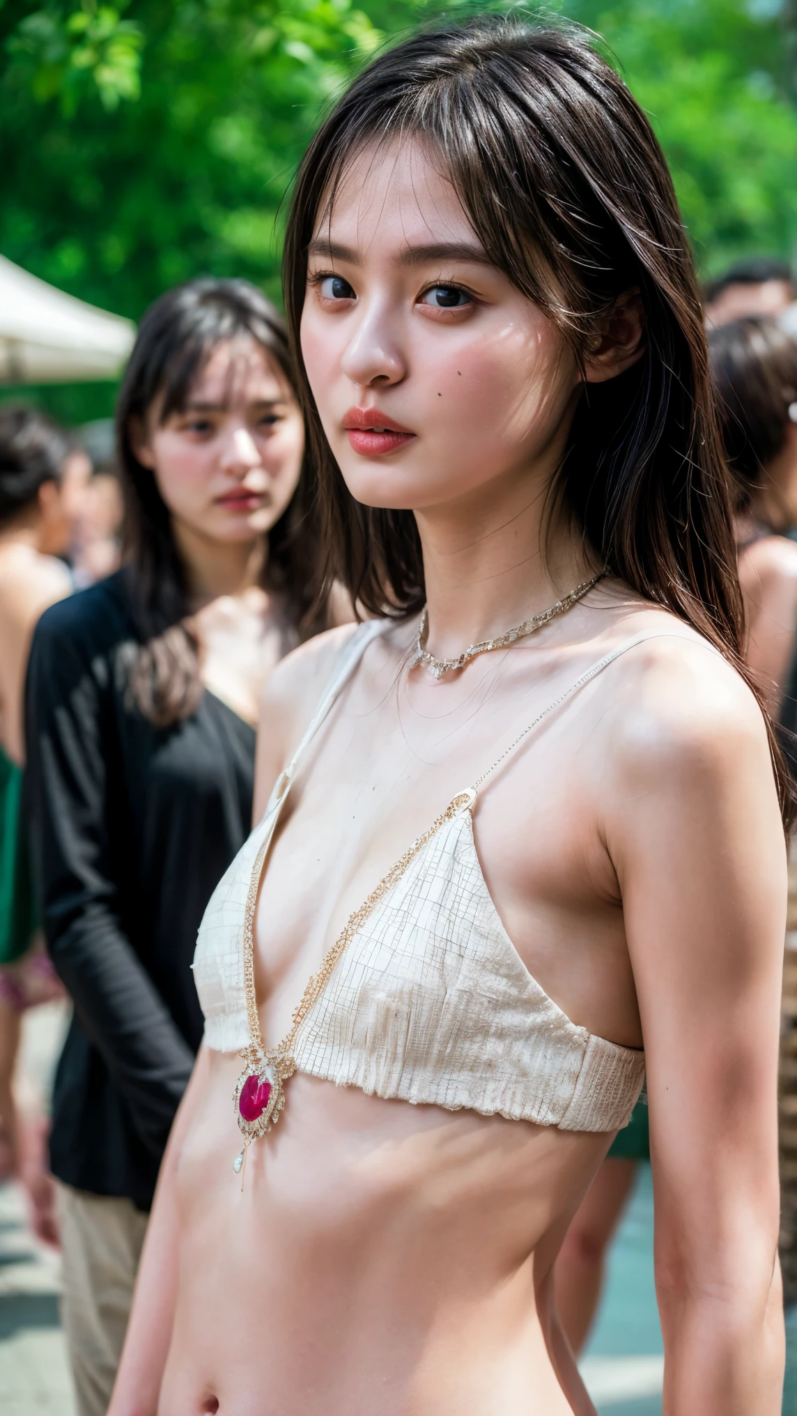 realistic, photo-realistic, masterpiece, best quality, intricate details, 1girl, (flat chest:1.5), nipple chain, body chain, belly chain, fine-textured skin, pale skin, shiny skin, sweaty, outdoors, exbitionism, surrounded by crowds nearby,
