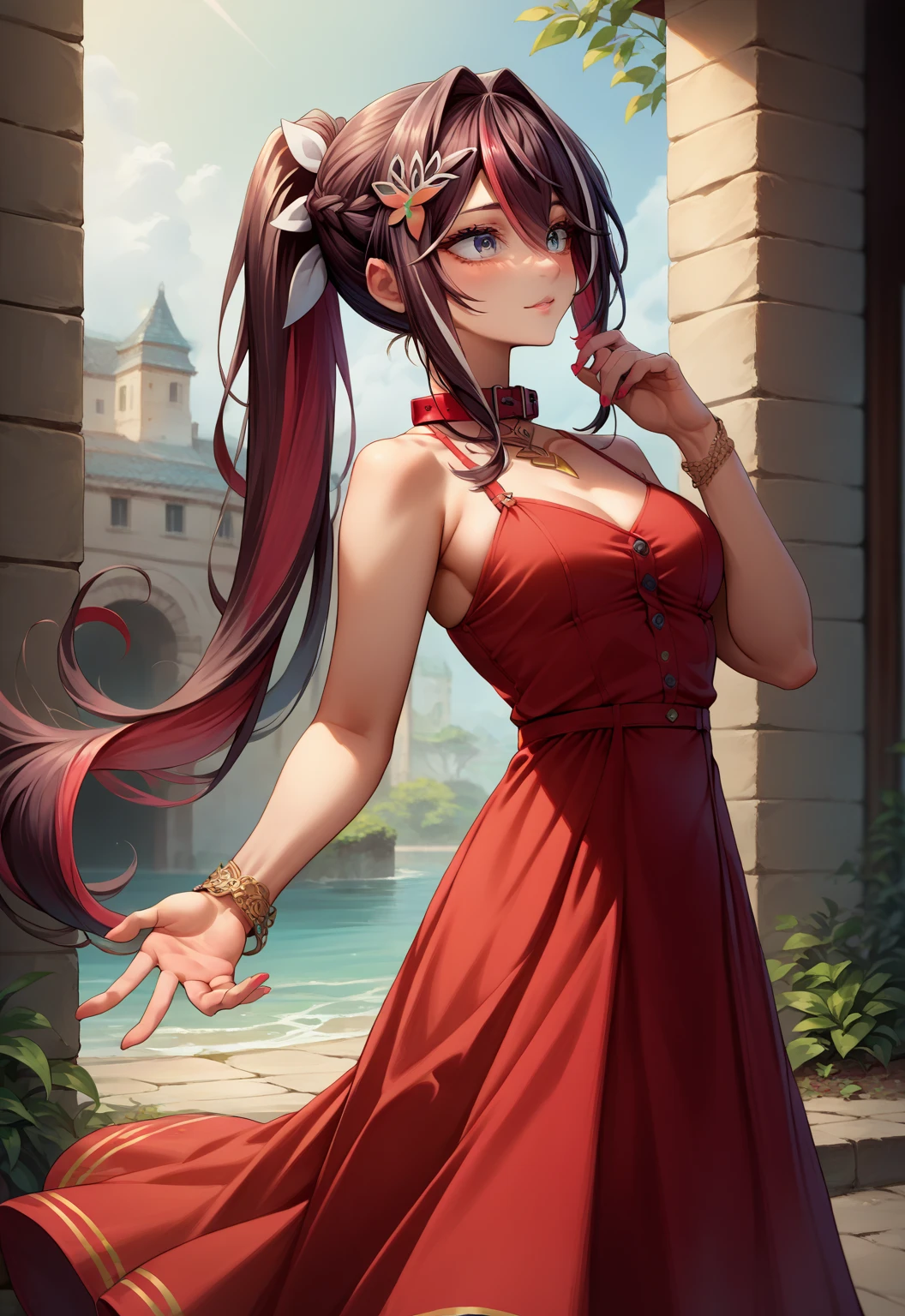 score_9, score_8_up, score_7_up, source_anime,4K,perfect fingers,(perfect hands, perfect anatomy),
1girl,Azki, multicolored hair, long hair, french braid, hair ornament, 
dress, ponytail, braid, red dress, collar, button, skirt, red skirt,
standing,