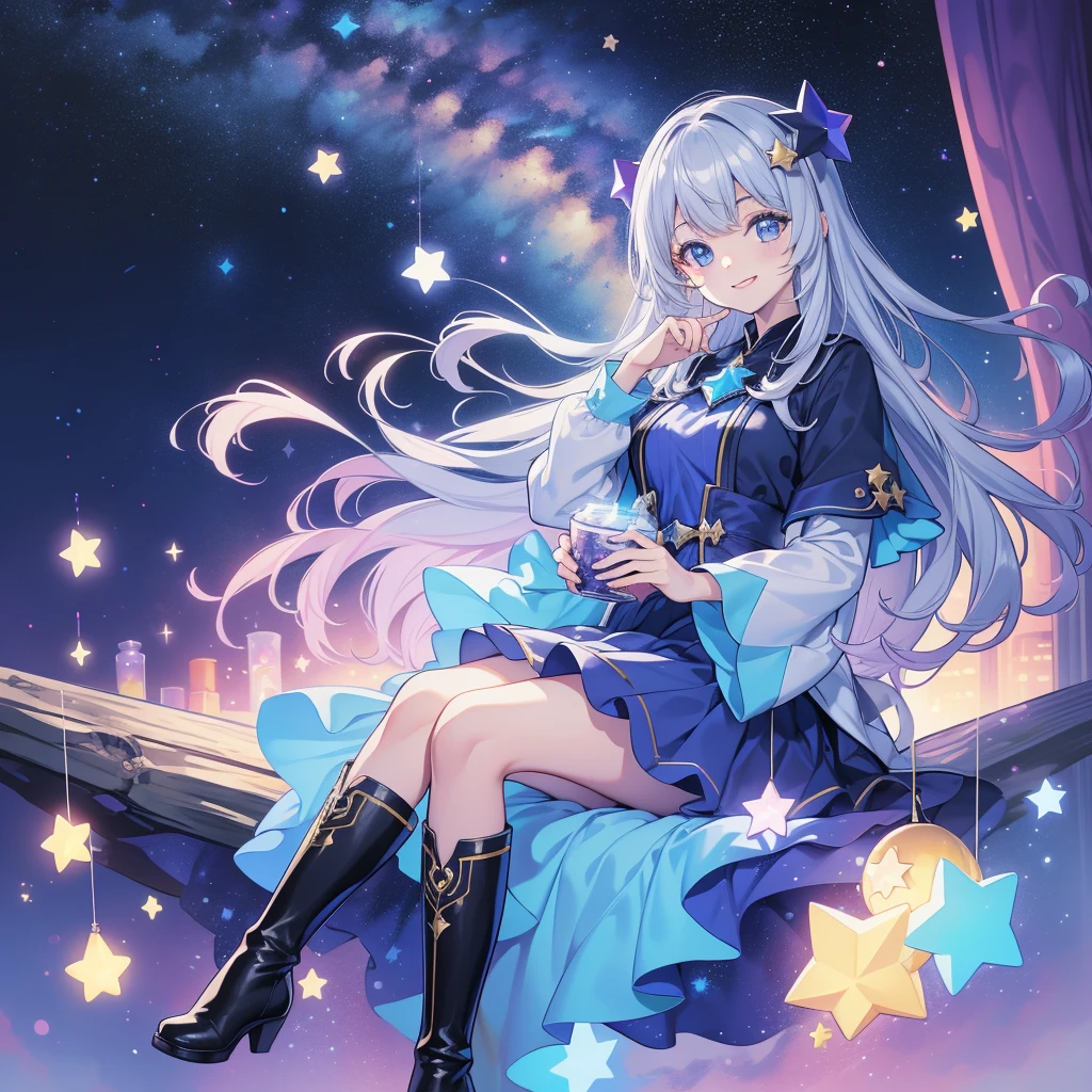 かわいいstarの妖精、 top quality 、masterpiece、 best combination 、 perfect anatomy、 full body frontal portrait 、Front、 sitting with the best smile facing the viewer、 One Girl , top quality 、masterpiece、 Official Art 、 super detailed 、 very beautiful in a chair 、Cute starの妖精、Grey Hair、 long straight hair 、 Milky Way、universe、star charm、star、baby face、 Knee High Boots , Magic Rim、Houndstooth、smile、Hope and expectation、blue purple marine neon light 、