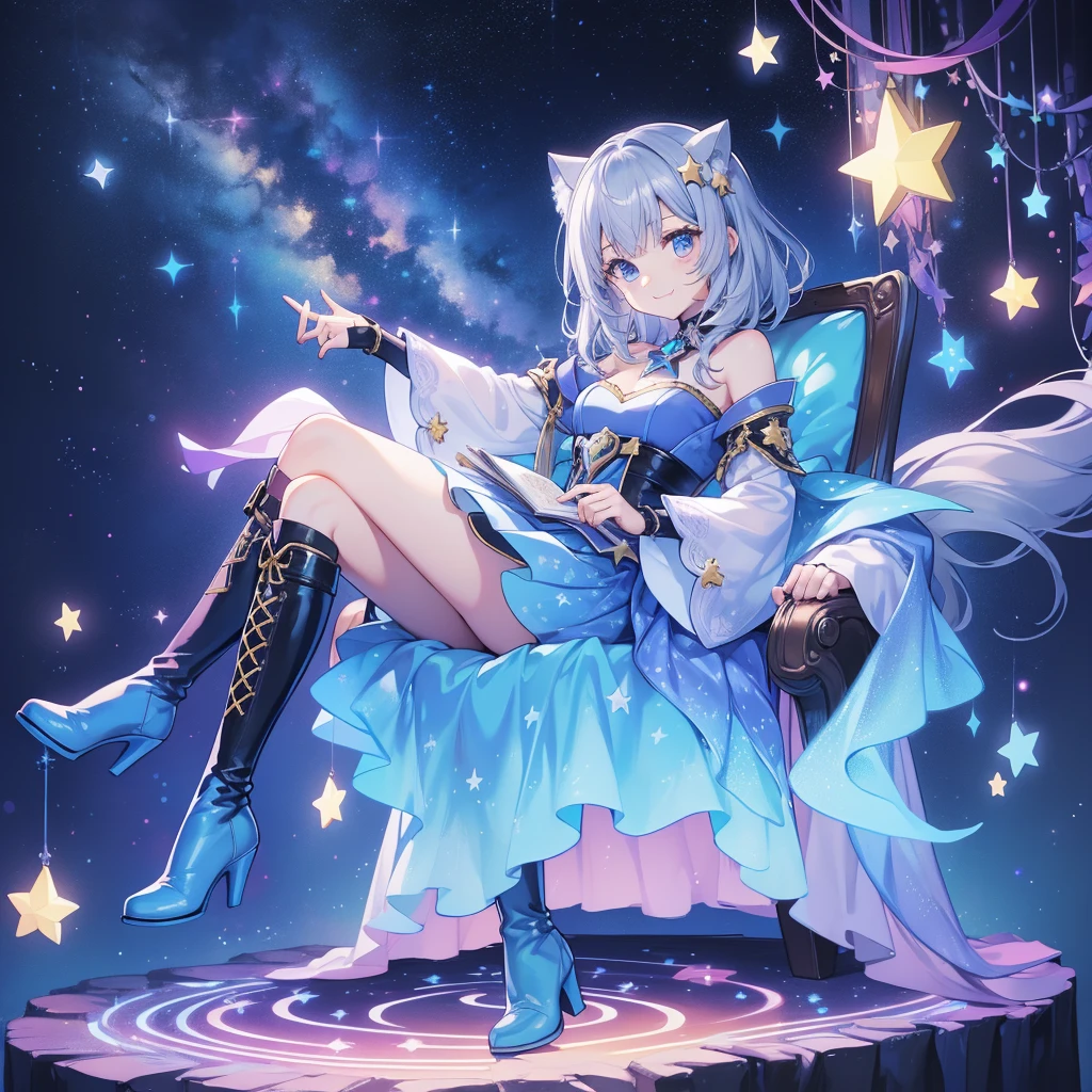 かわいいstarの妖精、 top quality 、masterpiece、 best combination 、 perfect anatomy、 full body frontal portrait 、Front、 sitting with the best smile facing the viewer、 One Girl , top quality 、masterpiece、 Official Art 、 super detailed 、 very beautiful in a chair 、Cute starの妖精、Grey Hair、 long straight hair 、 Milky Way、universe、star charm、star、baby face、 Knee High Boots , Magic Rim、Houndstooth、smile、Hope and expectation、blue purple marine neon light 、