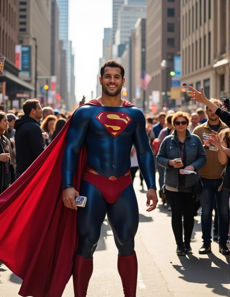 a buff and handsome superman in a superman costume (think movie version of Superman-black undercut, blue tights and red cape and red boots and red briefs), full body photo
Superman is standing on a busy city street. The sun is shining brightly, casting a warm glow on the scene. Superman is wearing the iconic Superman suit, complete with the red cape flowing slightly in the breeze. His dark hair is neatly styled, and he has a broad, friendly smile on his face. He's holding a pen in one hand and a stack of photographs in the other, which he's signing for a large, enthusiastic crowd of fans. The fans, a diverse mix of ages and backgrounds, are excitedly reaching out with their own items to be signed, such as comic books, posters, and memorabilia. Some fans are holding up their phones, capturing the moment with photos and videos. The background is bustling with city life, with tall buildings, street vendors, and other pedestrians going about their day. There's a sense of energy and excitement in the air, as people in the crowd chat and share their excitement about meeting their hero. The overall atmosphere is one of joy and admiration, with Superman bringing a bit of magic to an ordinary day. 
