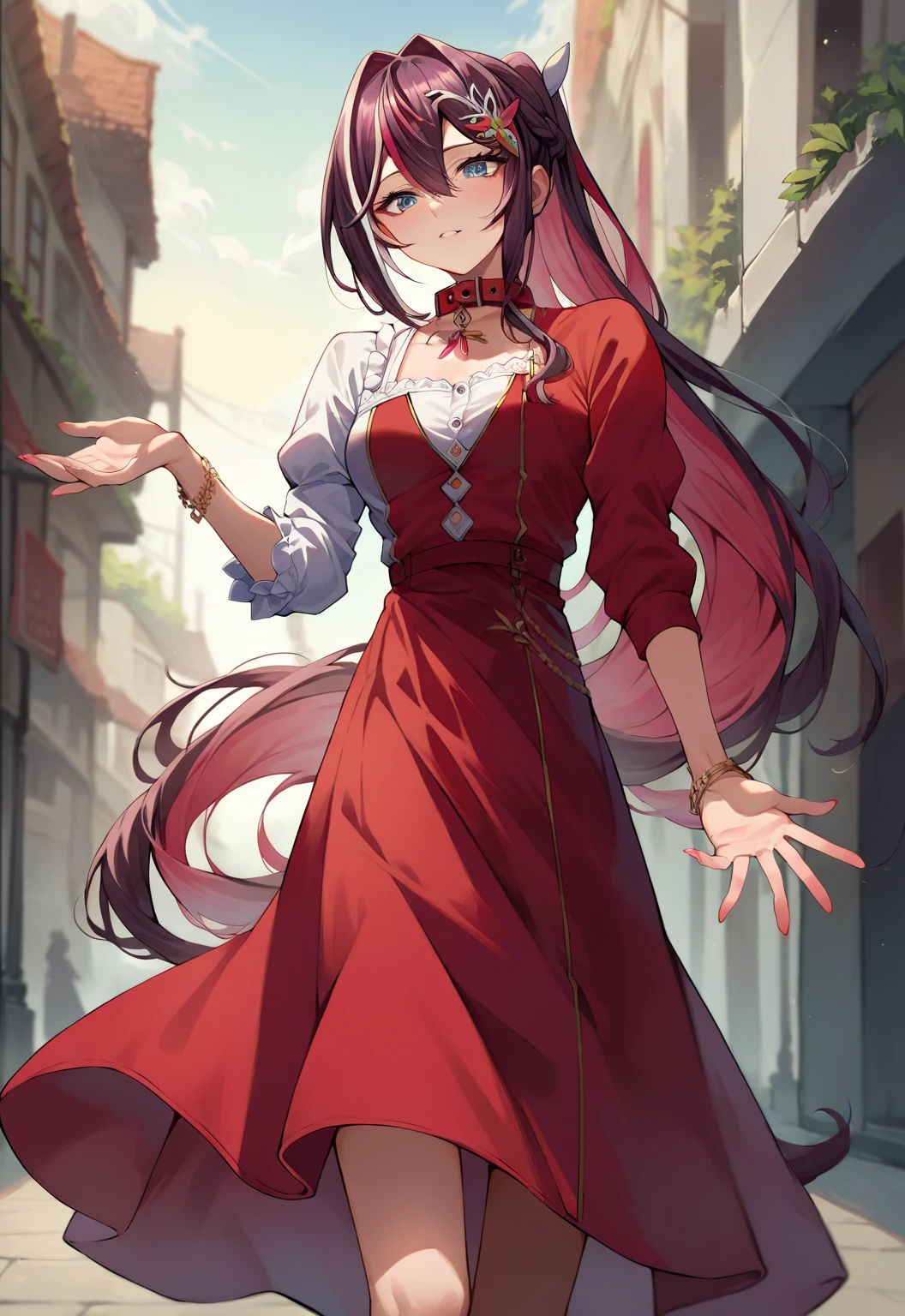 score_9, score_8_up, score_7_up, source_anime,4K,perfect fingers,(perfect hands, perfect anatomy),
1girl,Azki, multicolored hair, long hair, french braid, hair ornament, 
dress, ponytail, braid, red dress, collar, button, skirt, red skirt,
standing,