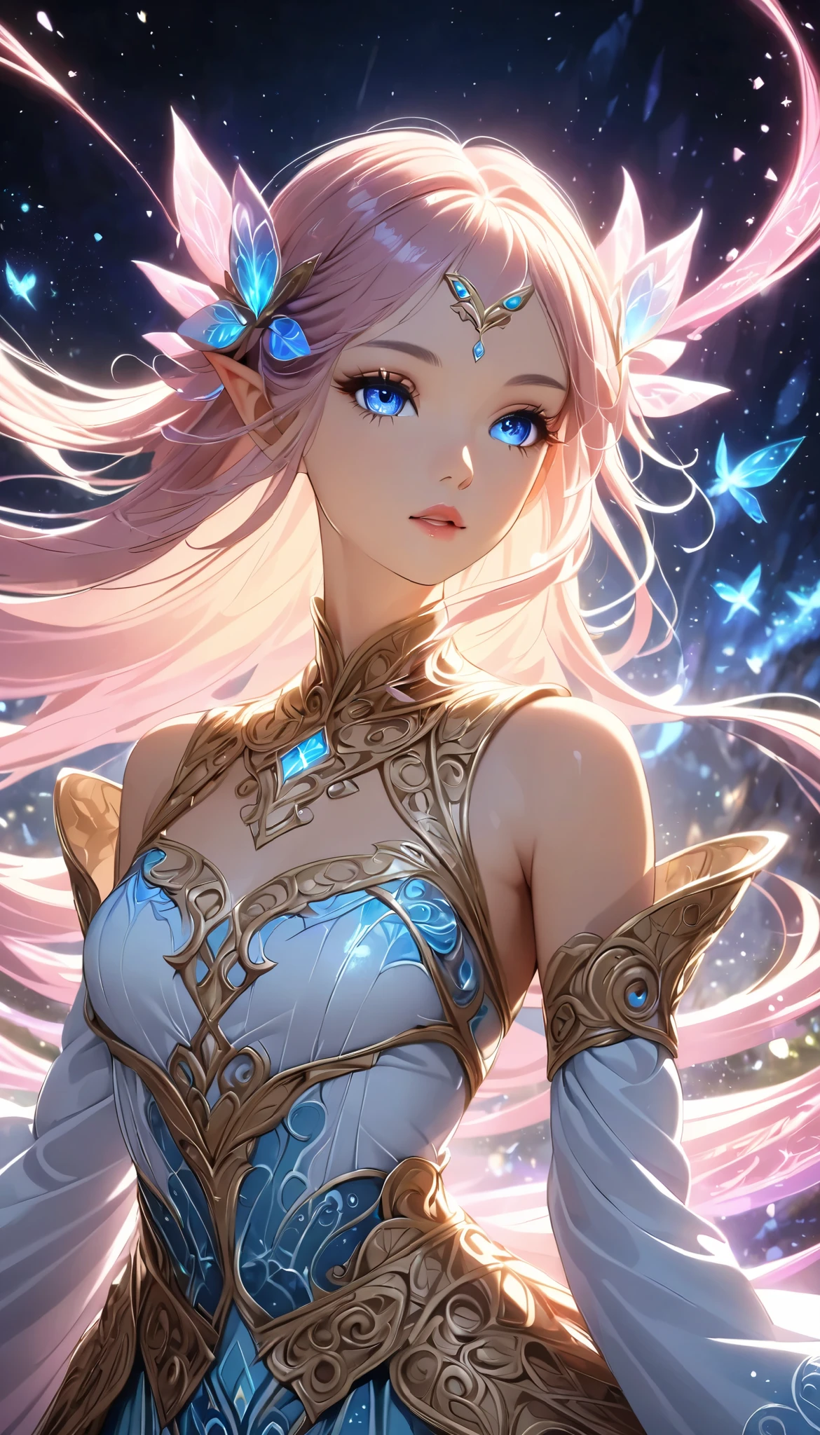 Beautiful Elf, elf girl , anime style , Delicate Elf Characteristics, Detailed portrait, beautiful detailed eyes, Beautiful Detailed Lips, very detailed顔, long eyelashes, cowboy shot, Intricate Fantasy Outfits , Magical Sparkling Effects, bright colors , Mysterious lighting, cinematic composition , frame position , 8k, top quality , very detailed, realistic