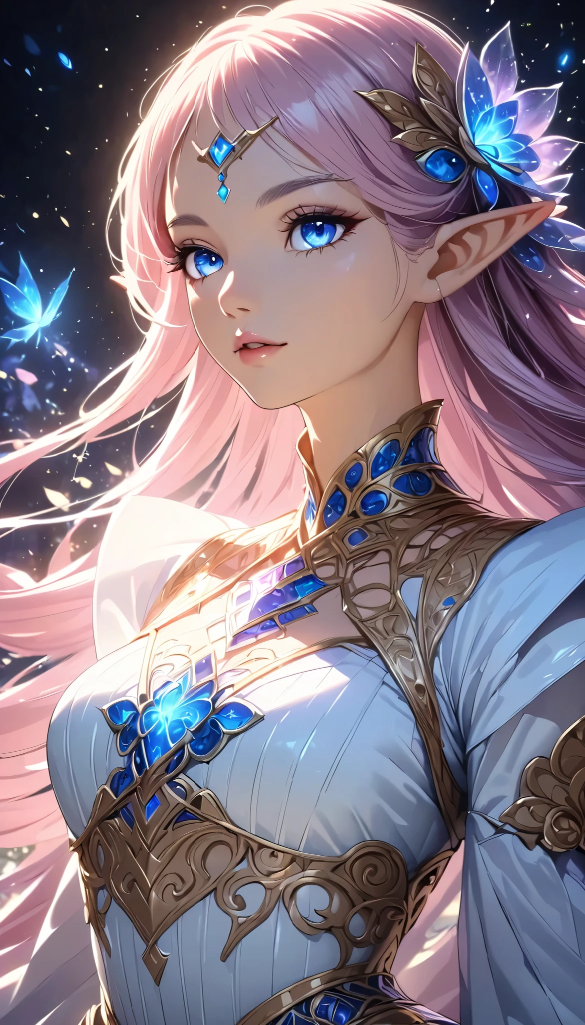 Beautiful Elf, elf girl , anime style , Delicate Elf Characteristics, Detailed portrait, beautiful detailed eyes, Beautiful Detailed Lips, very detailed顔, long eyelashes, cowboy shot, Intricate Fantasy Outfits , Magical Sparkling Effects, bright colors , Mysterious lighting, cinematic composition , frame position , 8k, top quality , very detailed, realistic