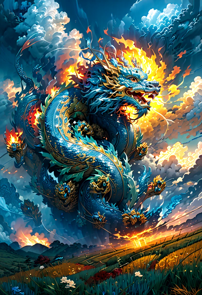 (The main subject: wide wide shot), The flame  light blue,[Multicolored,(Chinese dragon anthropomorphism)], safe,dramatic clouds,(Go deep into the fields), Rich details​, (Wide sky), (sense of vastness),Energy and vitality, Complicated details.(Best quality, A high resolution, tmasterpiece:1.2), (actual:1.37), HighDynamicRange。