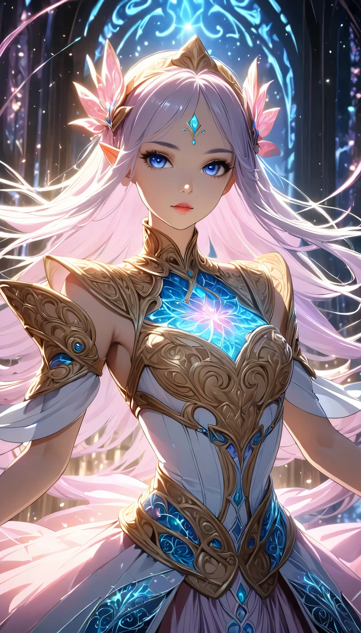 Beautiful Elf, elf girl , anime style , Delicate Elf Characteristics, Detailed portrait, beautiful detailed eyes, Beautiful Detailed Lips, very detailed顔, long eyelashes, cowboy shot, Intricate Fantasy Outfits , Magical Sparkling Effects, bright colors , Mysterious lighting, cinematic composition , frame position , 8k, top quality , very detailed, realistic