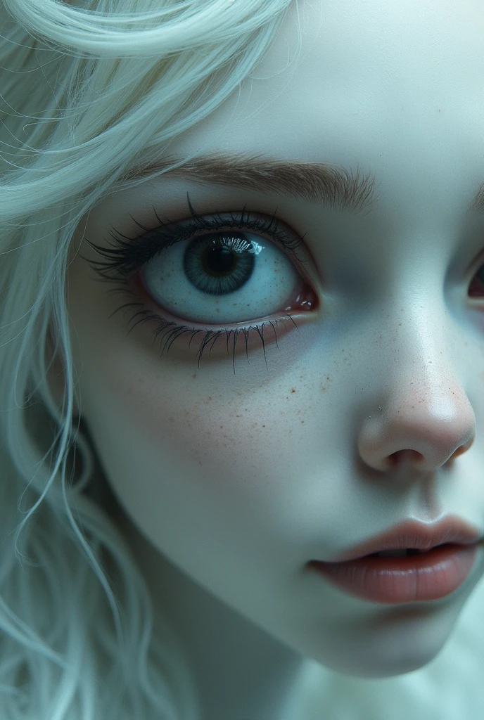 An upset white-haired ager, with super white skin, thin and tall, with white eyes but similar to cat's eyes, with long nails