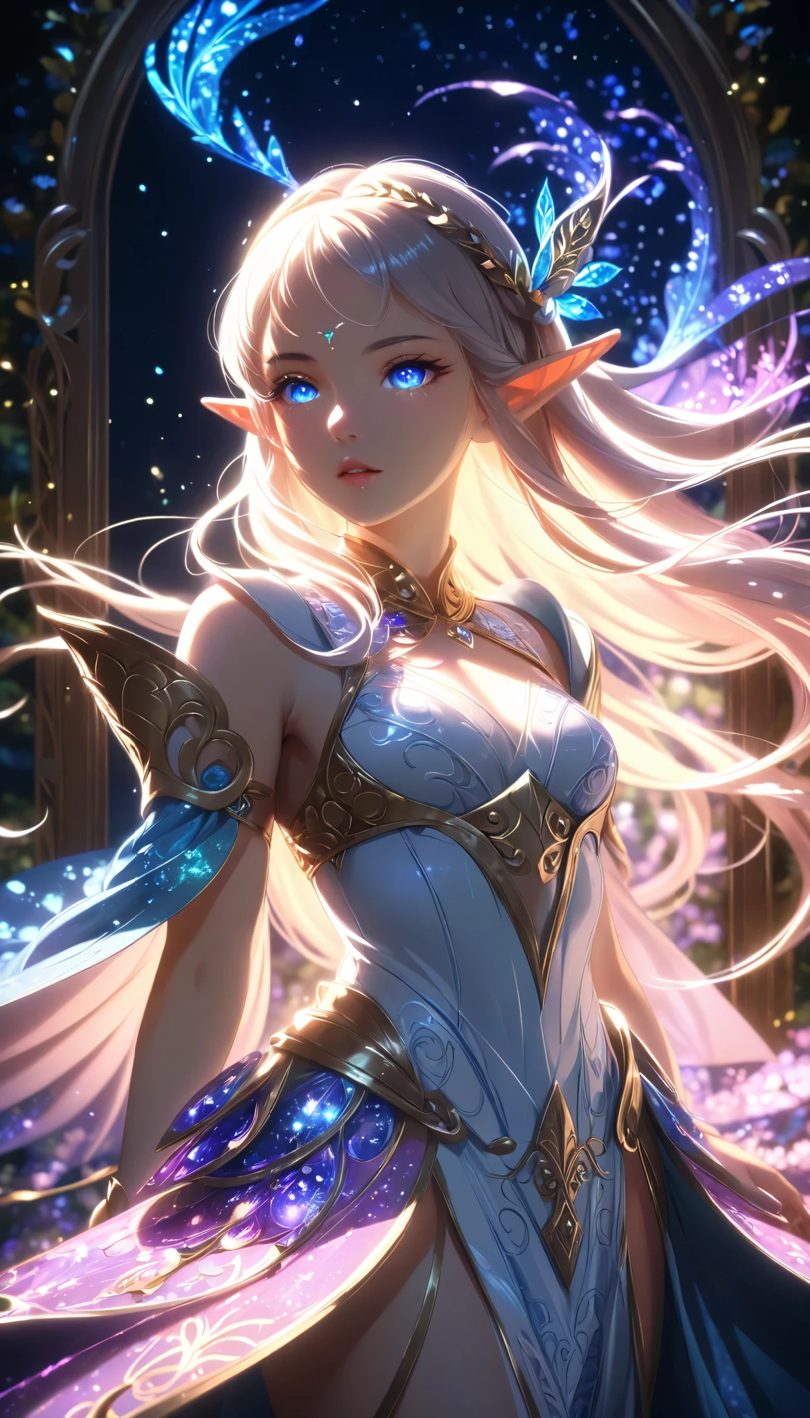 Beautiful Elf,  elf girl ,  anime style , Delicate Elf Characteristics, Detailed portrait,  beautiful detailed eyes,  Beautiful Detailed Lips,  very detailed顔,  long eyelashes,  cowboy shot, Intricate Fantasy Outfits ,  Magical Sparkling Effects,  bright colors , Mysterious lighting,  cinematic composition ,  frame position , 8k,  top quality ,  very detailed,  realistic