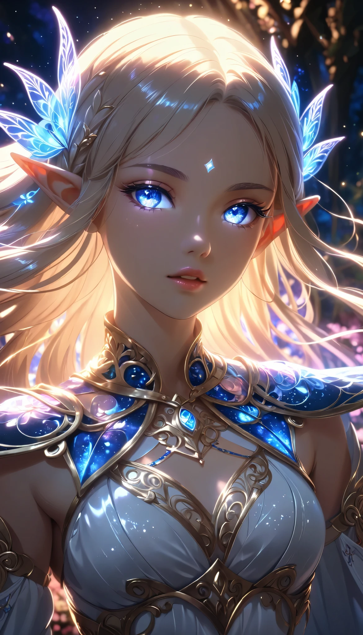 Beautiful Elf,  elf girl ,  anime style , Delicate Elf Characteristics, Detailed portrait,  beautiful detailed eyes,  Beautiful Detailed Lips,  very detailed顔,  long eyelashes,  cowboy shot, Intricate Fantasy Outfits ,  Magical Sparkling Effects,  bright colors , Mysterious lighting,  cinematic composition ,  frame position , 8k,  top quality ,  very detailed,  realistic