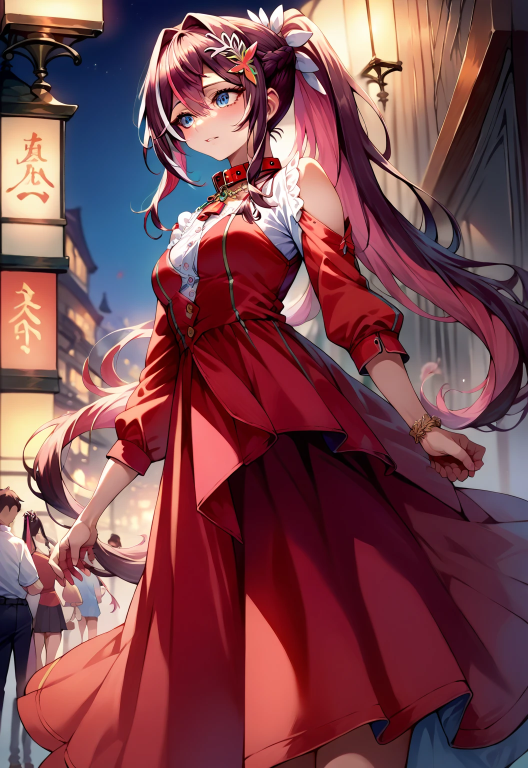 score_9, score_8_up, score_7_up, source_anime,4K,perfect fingers,(perfect hands, perfect anatomy),
1girl,Azki, multicolored hair, long hair, french braid, hair ornament, 
dress, ponytail, braid, red dress, collar, button, skirt, red skirt,
standing,