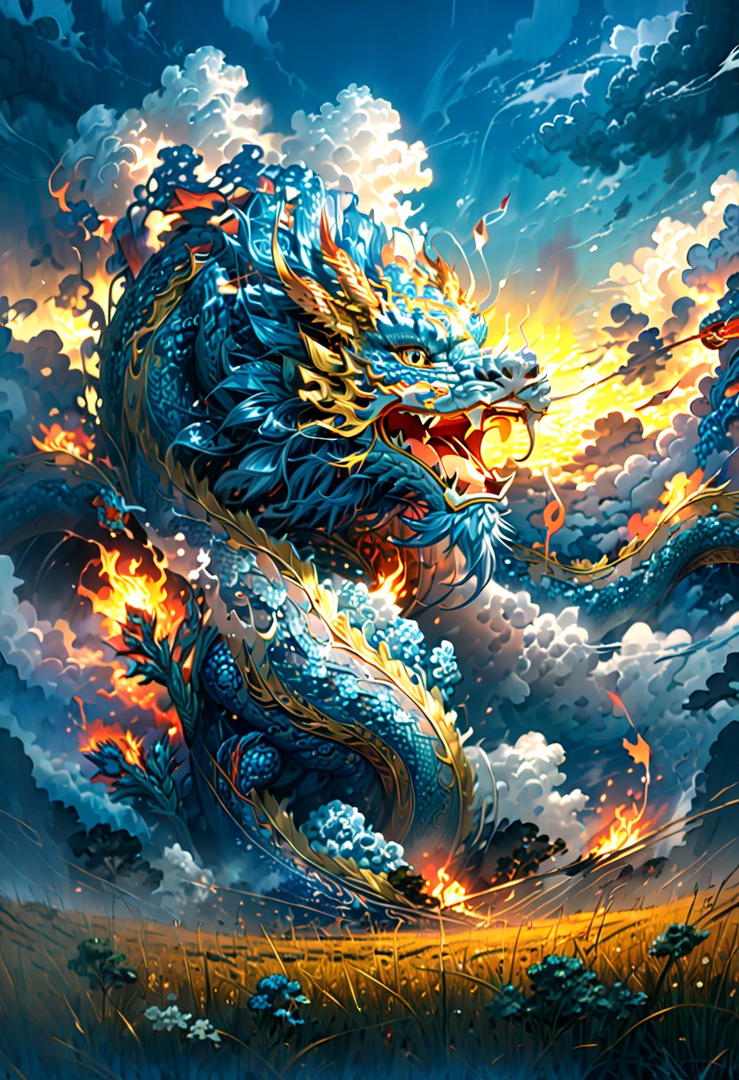 (The main subject: wide wide shot), The flame  light blue,[Multicolored,(Chinese dragon anthropomorphism)], safe,dramatic clouds,(Go deep into the fields), Rich details​, (Wide sky), (sense of vastness),Energy and vitality, Complicated details.(Best quality, A high resolution, tmasterpiece:1.2), (actual:1.37), HighDynamicRange。