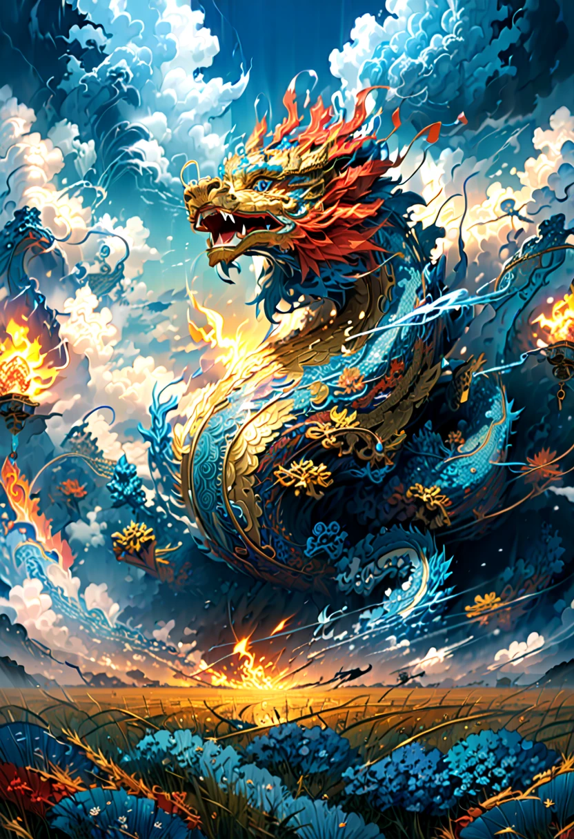 (The main subject: wide wide shot), The flame  light blue,[Multicolored,(Chinese dragon anthropomorphism)], safe,dramatic clouds,(Go deep into the fields), Rich details​, (Wide sky), (sense of vastness),Energy and vitality, Complicated details.(Best quality, A high resolution, tmasterpiece:1.2), (actual:1.37), HighDynamicRange。