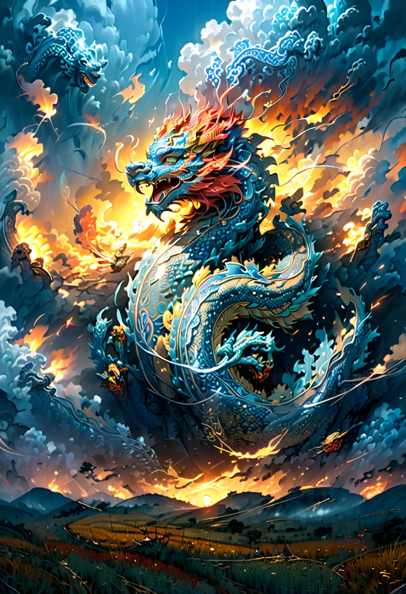 (The main subject: wide wide shot), The flame  light blue,[Multicolored,(Chinese dragon anthropomorphism)], safe,dramatic clouds,(Go deep into the fields), Rich details​, (Wide sky), (sense of vastness),Energy and vitality, Complicated details.(Best quality, A high resolution, tmasterpiece:1.2), (actual:1.37), HighDynamicRange。