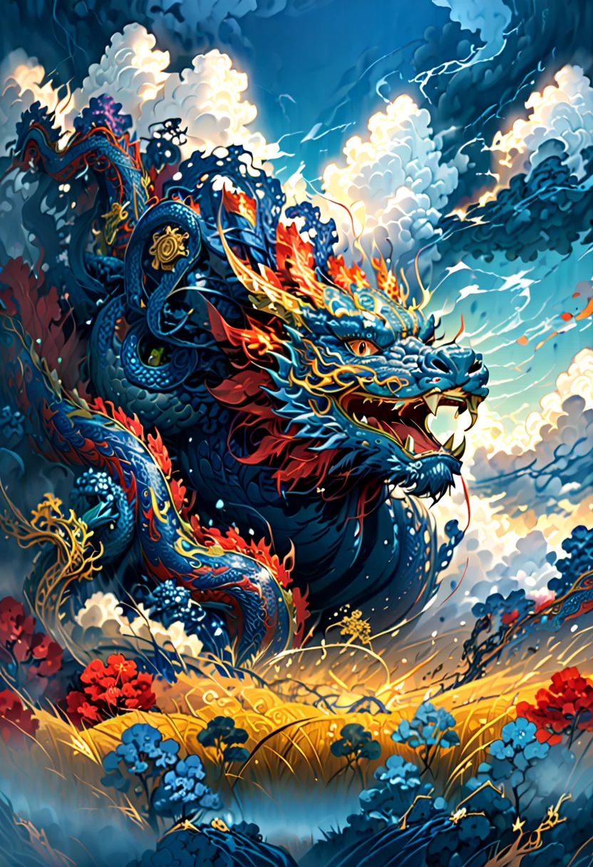 (The main subject: wide wide shot), The flame  dark blue,[Multicolored,(Chinese dragon anthropomorphism)], safe,dramatic clouds,(Go deep into the fields), Rich details​, (Wide sky), (sense of vastness),Energy and vitality, Complicated details.(Best quality, A high resolution, tmasterpiece:1.2), (actual:1.37), HighDynamicRange。